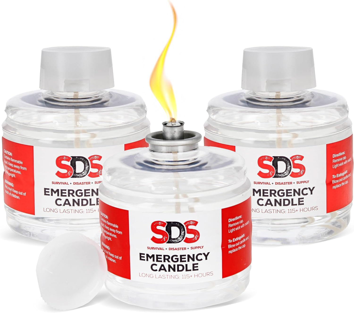 Displays the core product—three emergency candles with clear branding and burn time—to show shoppers exactly what they will receive. Shows the center candle actively burning with a visible flame to…