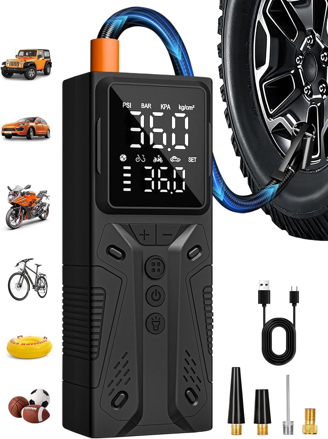 Shows the core product—a portable tire inflator with digital pressure gauge—clearly displayed with its included accessories to communicate what the buyer will receive. Displays all included…