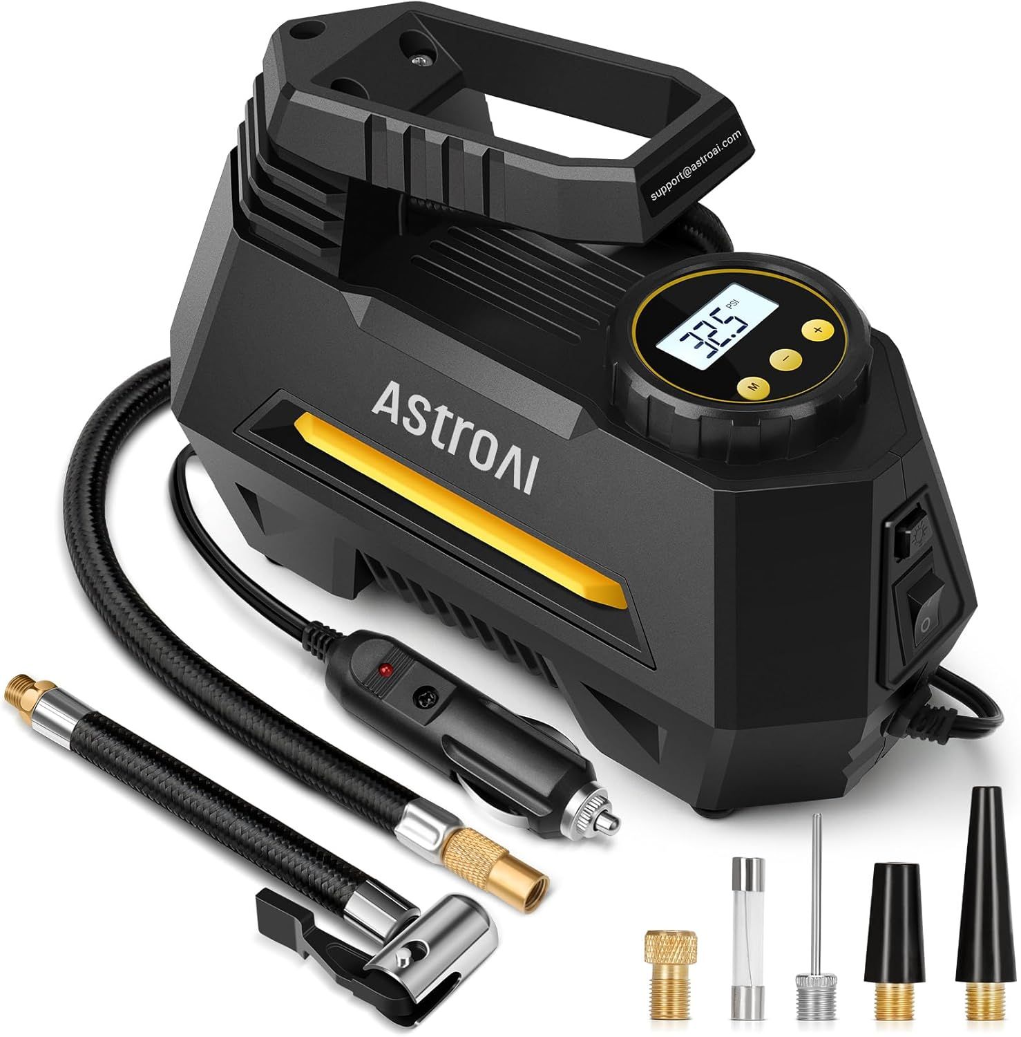 Shows the core product, an AstroAI portable air compressor with digital display and carrying handle, clearly displaying its design and key features to help shoppers understand what they are…