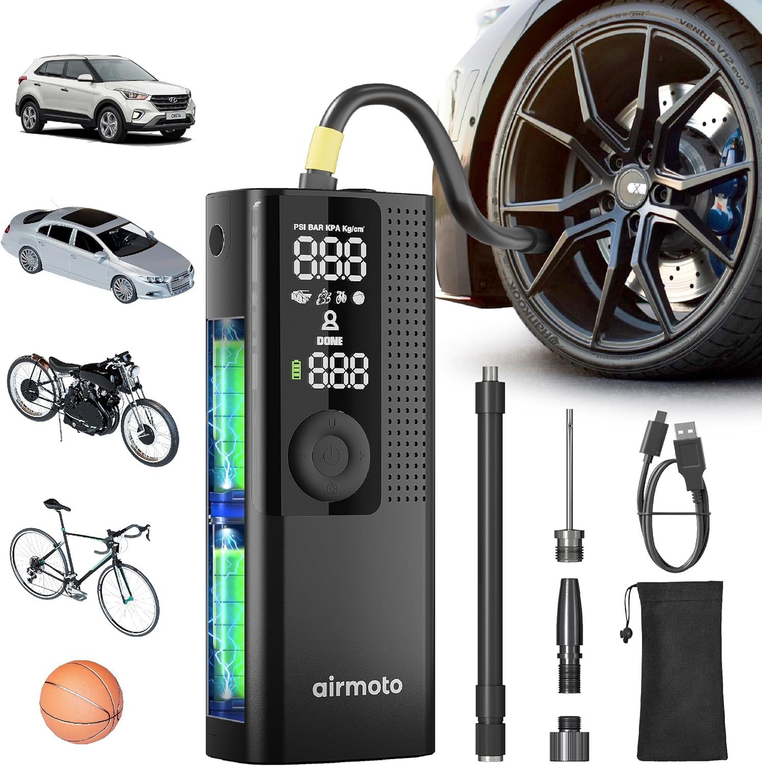 Shows the core product, a portable tire inflator with digital pressure display, along with all included accessories and attachments to communicate the complete package the buyer will receive.…