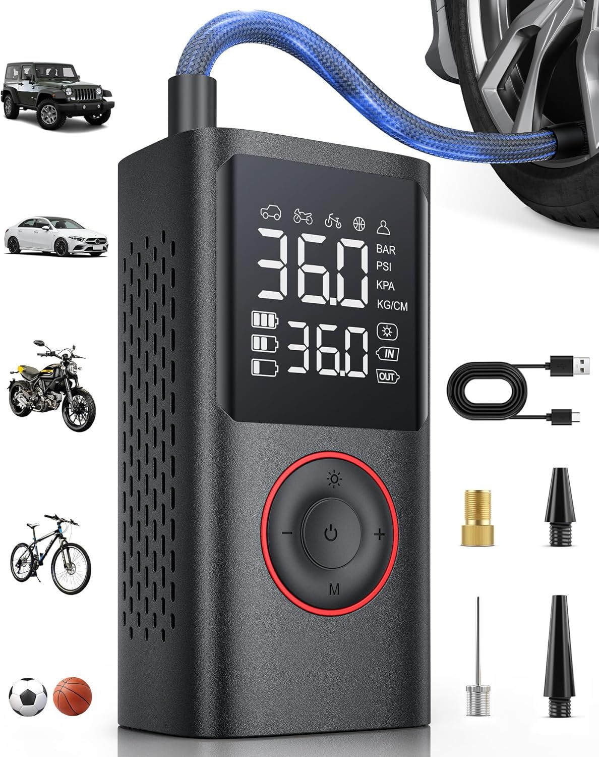 Shows the portable tire inflator as the core product with its digital pressure display and control interface, reassuring shoppers of its ease of use and versatility across different vehicle types.…