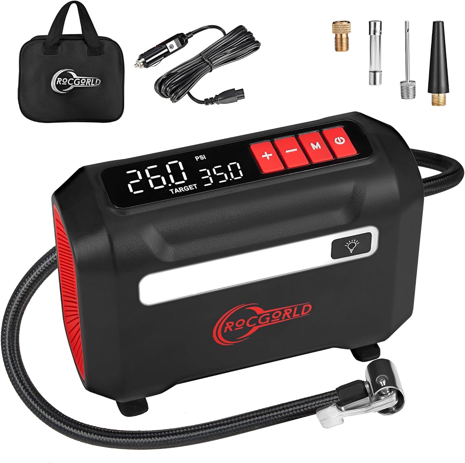 Shows the core product—a portable tire inflator with digital PSI display—along with all included accessories (carrying bag, power cable, and adapter nozzles) to communicate the complete package the…