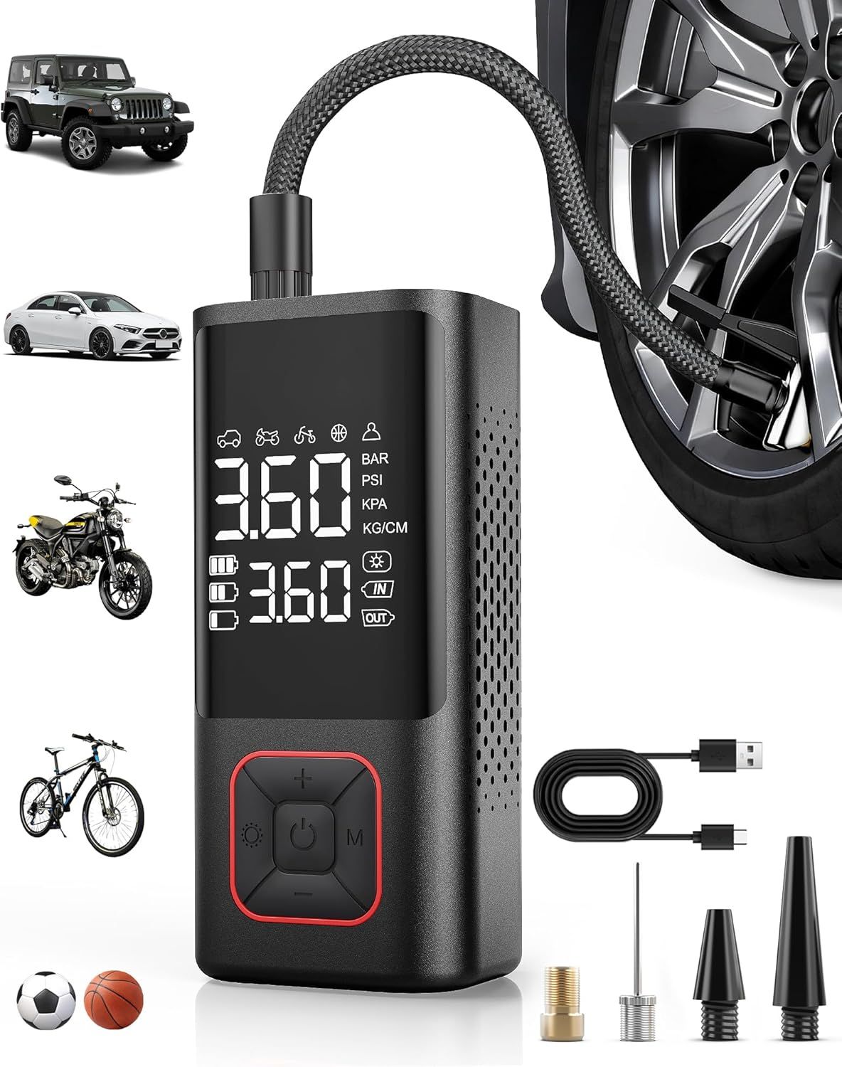Shows the core product, a portable tire inflator with digital pressure display, clearly visible with its main features and design. Displays all included accessories such as USB charging cable, valve…