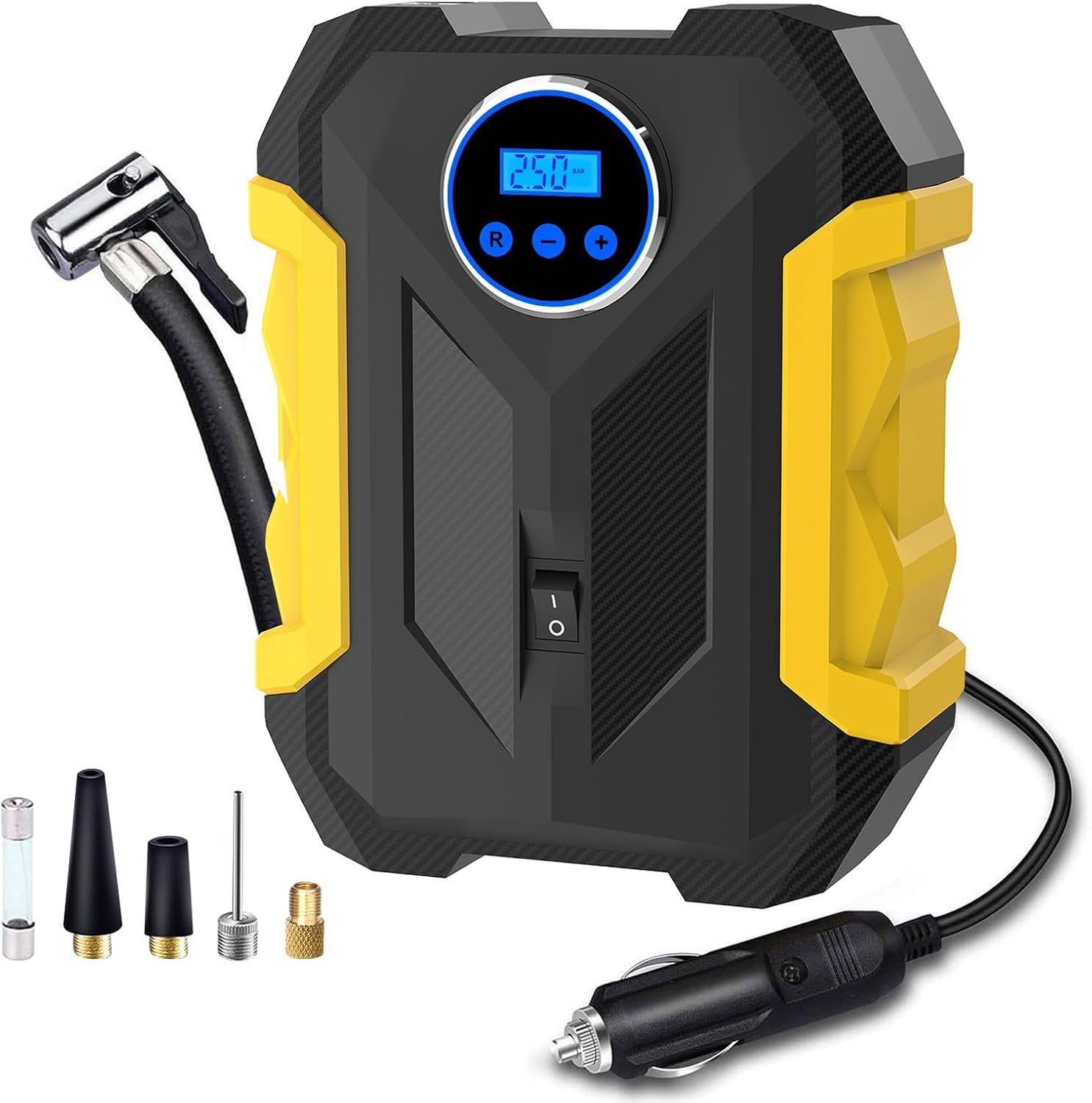 Shows the core portable tire inflator product with its digital display and included accessories to communicate what the buyer receives and the product's professional design. Displays the included…