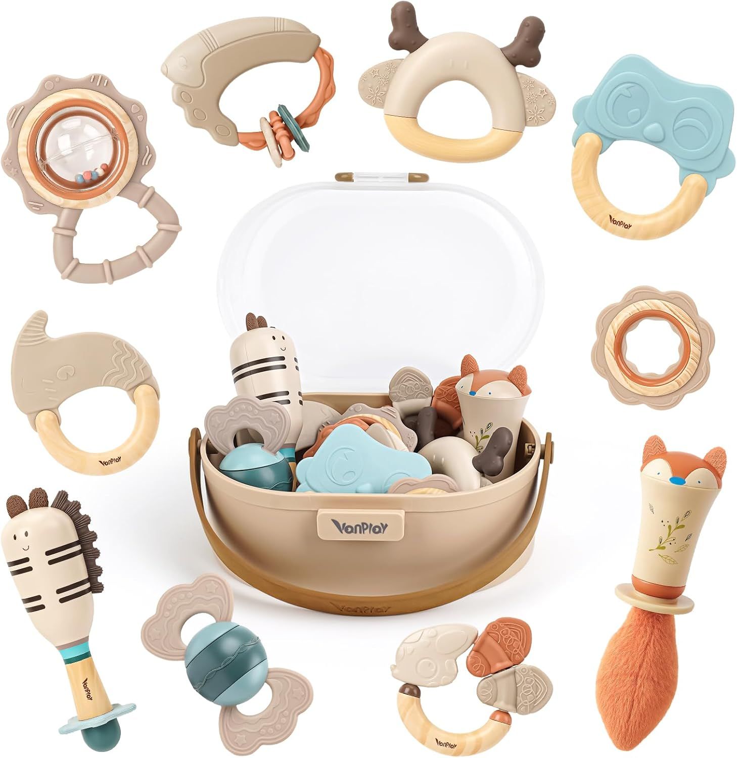 Displays the complete baby teether toy set with its storage container to show shoppers all included items and the organizational solution provided. Shows all the individual teether toys, rattles,…