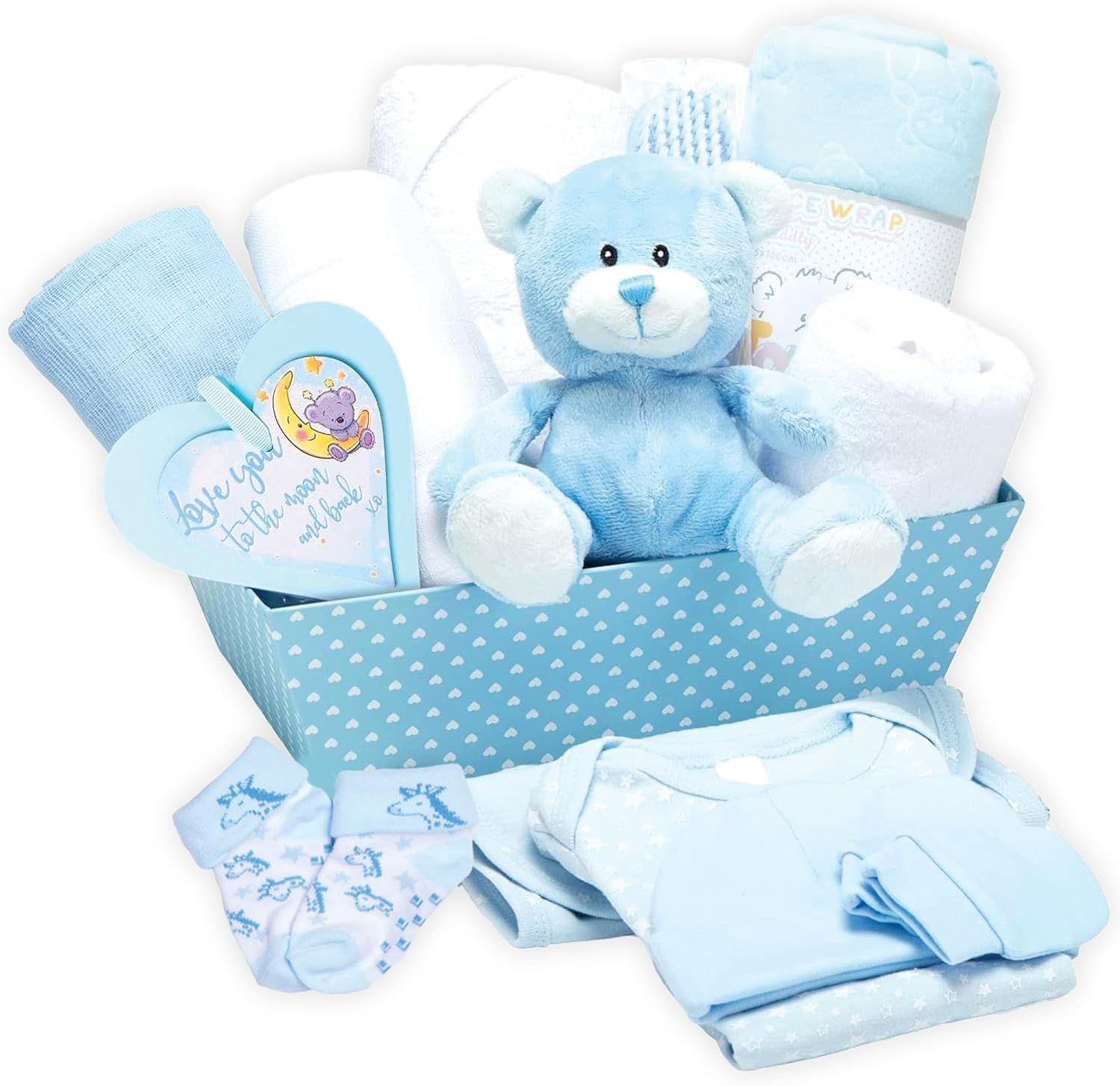 Shows the complete baby gift set with all included items displayed together, allowing shoppers to see the variety and value of the bundle. Demonstrates all the complementary items included in the…