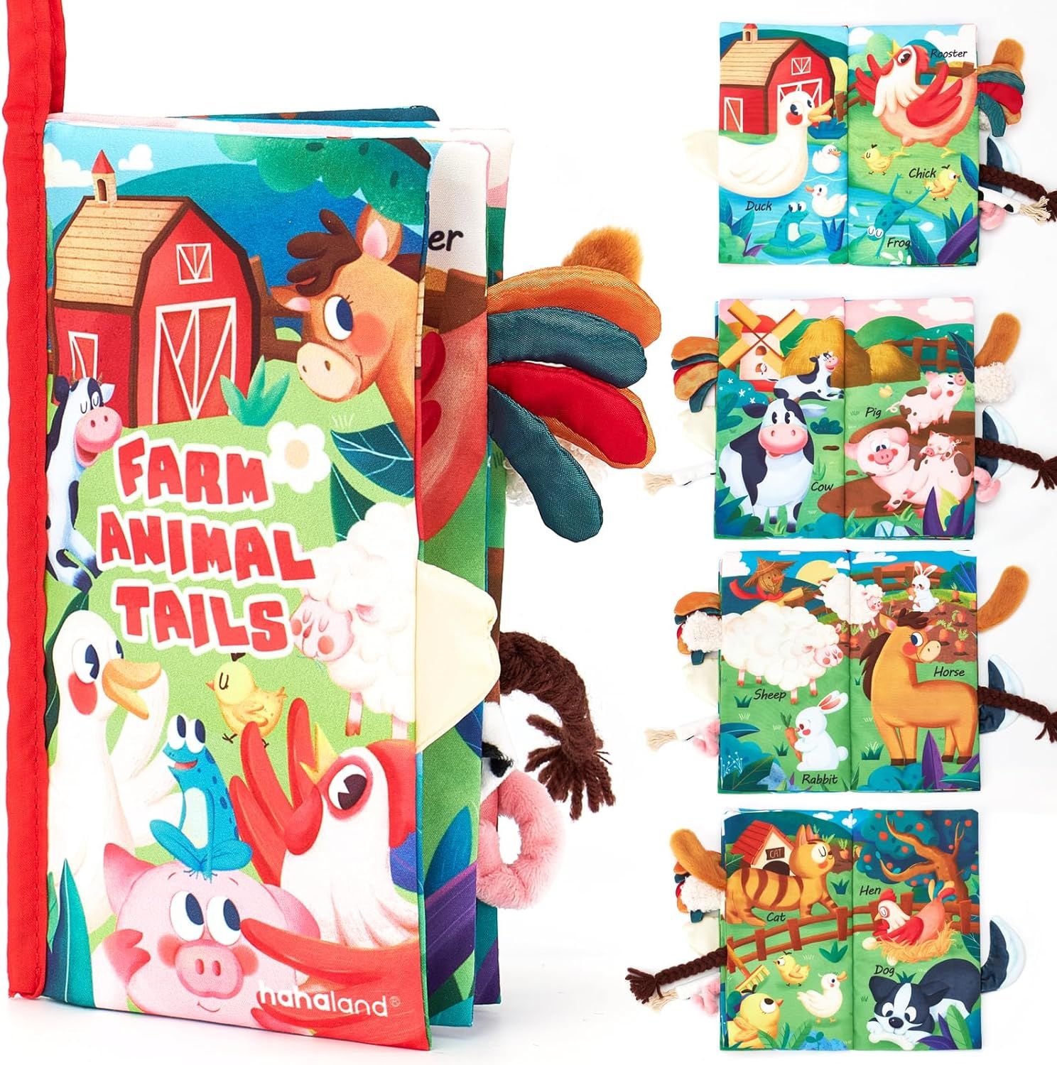 Shows the core product—a children's fabric book with interactive animal tail features—to communicate its educational and sensory play value for young children. Demonstrates how the book works by…
