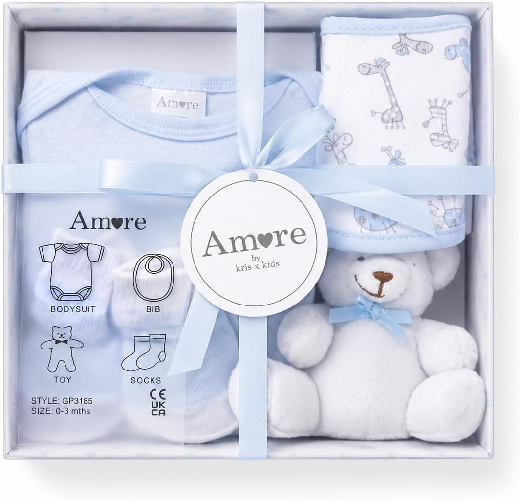 Displays the complete baby gift set including bodysuit, bib, toy, and socks to show shoppers exactly what items are included in the purchase. Shows the product in its gift-ready presentation box…