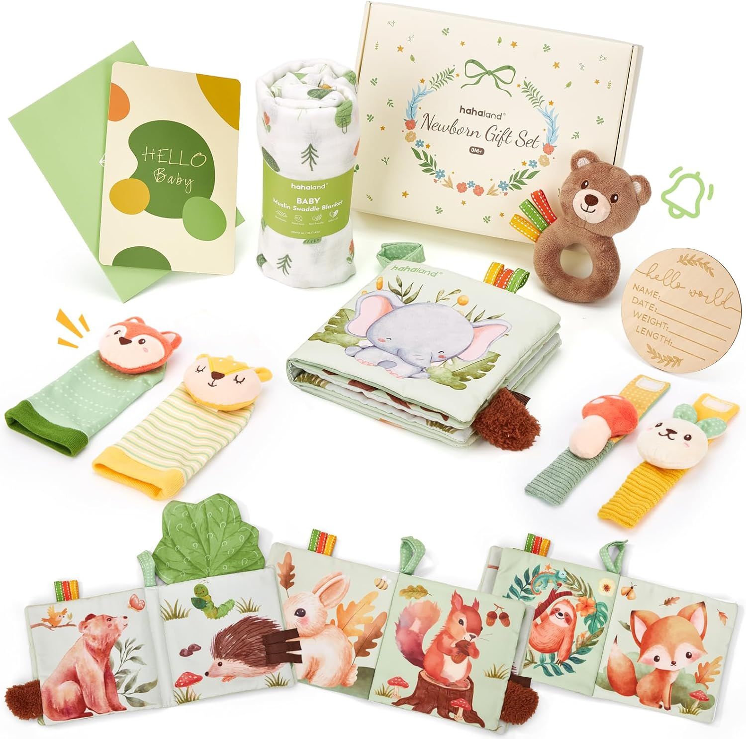 Displays the complete newborn gift set with all included items arranged to show the variety and value of the bundle, helping shoppers understand what they will receive in this comprehensive baby…
