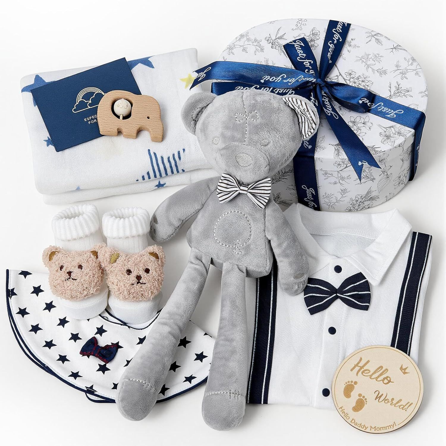 Displays a complete baby gift set with all included items arranged to show the variety and value of the bundle, helping shoppers understand what they will receive in the purchase. Shows all the…