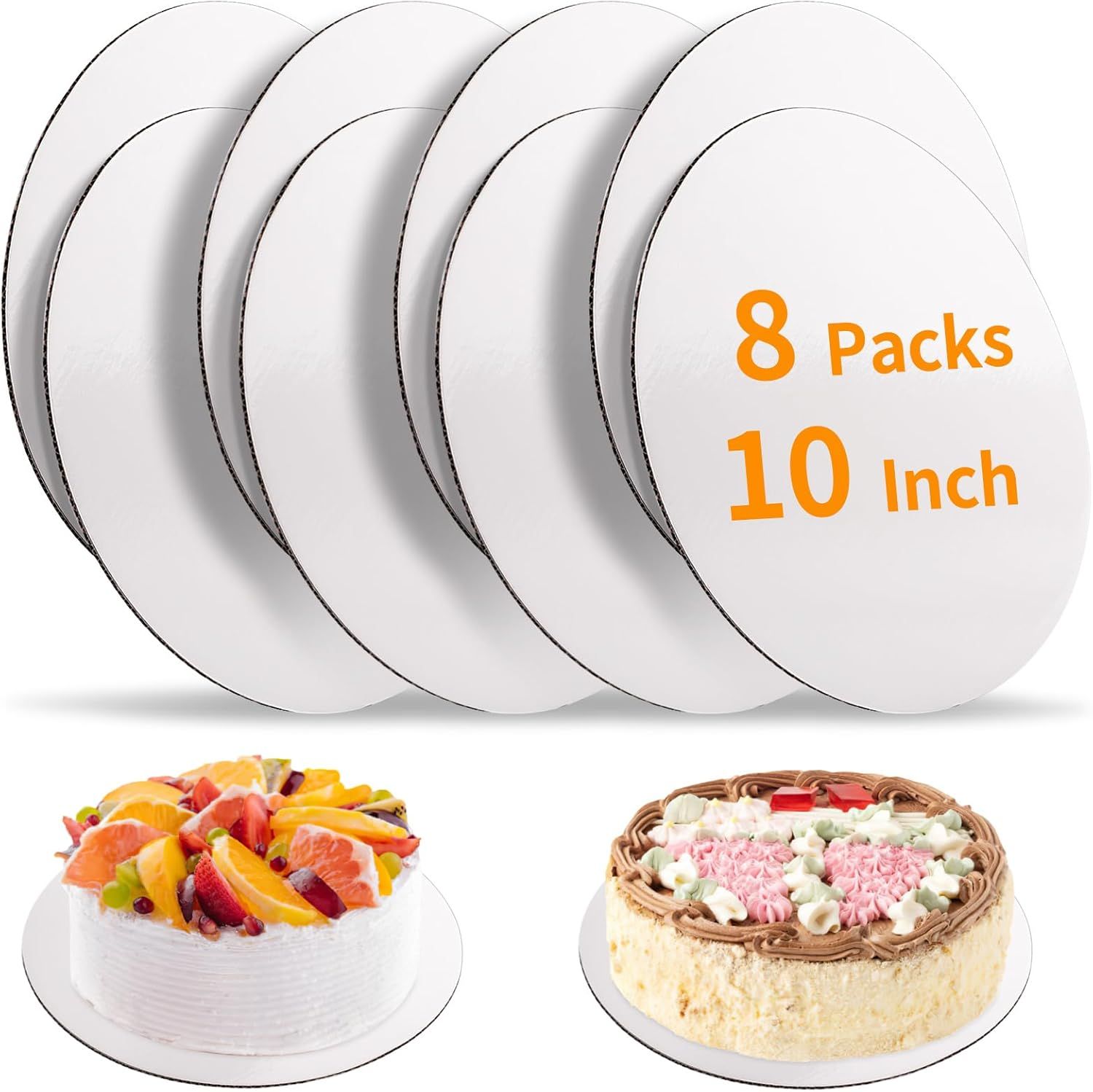 Shows the core product (cake boards) in a multi-pack format and demonstrates their size and use with example cakes to help shoppers understand what they are purchasing. Demonstrates how the cake…