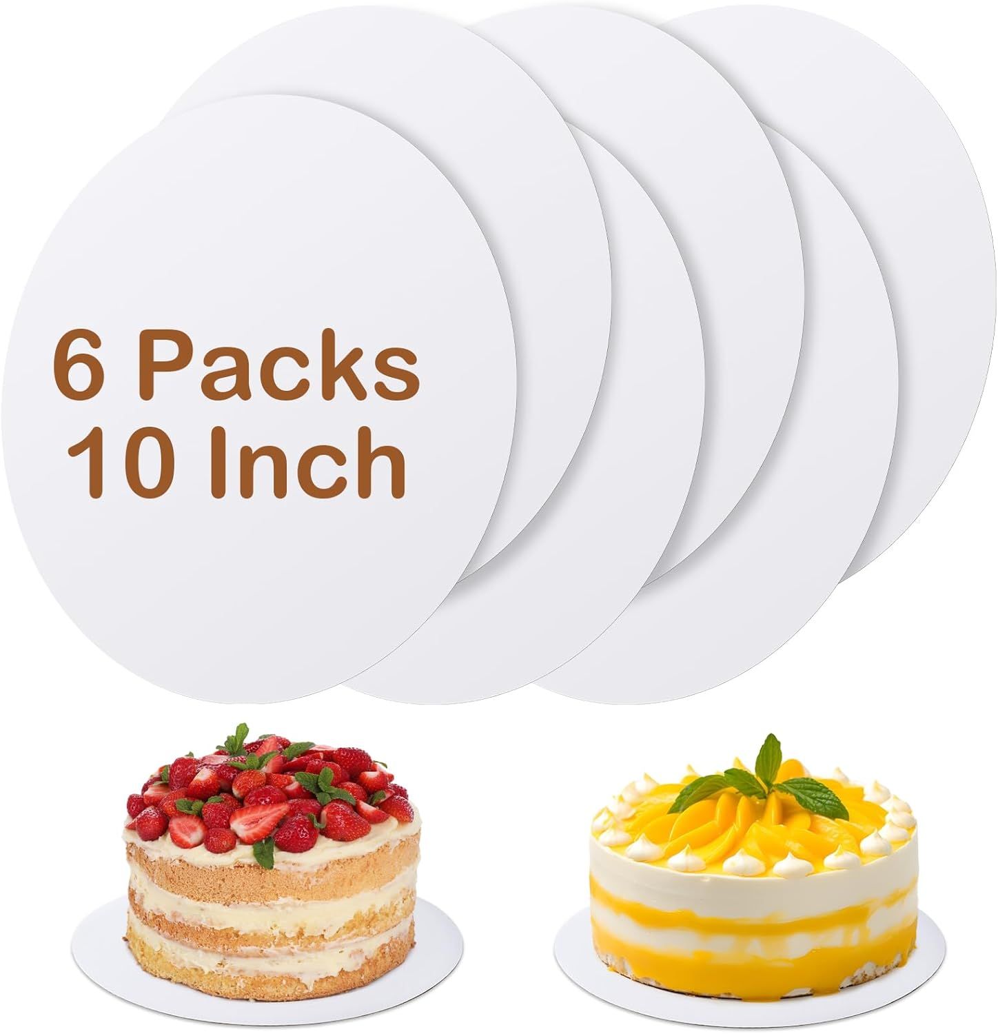 Shows the core product—a 6-pack of 10-inch round cake boards—clearly displayed with example cakes to demonstrate their intended use and size. Demonstrates how the cake boards function by showing two…