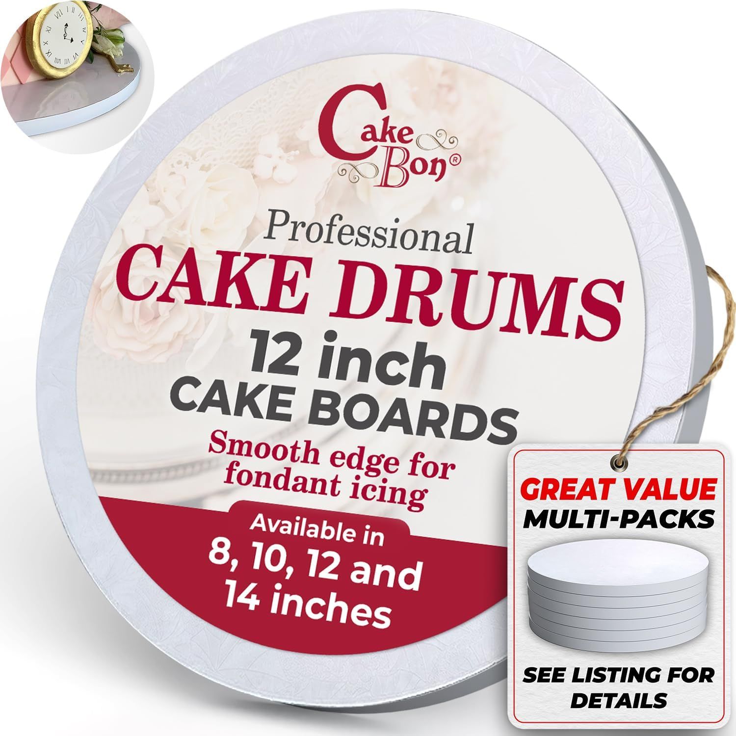 Displays the core product—a professional cake drum/board—clearly showing its size, smooth edge design, and suitability for fondant icing to help bakers understand what they are purchasing. Shows the…