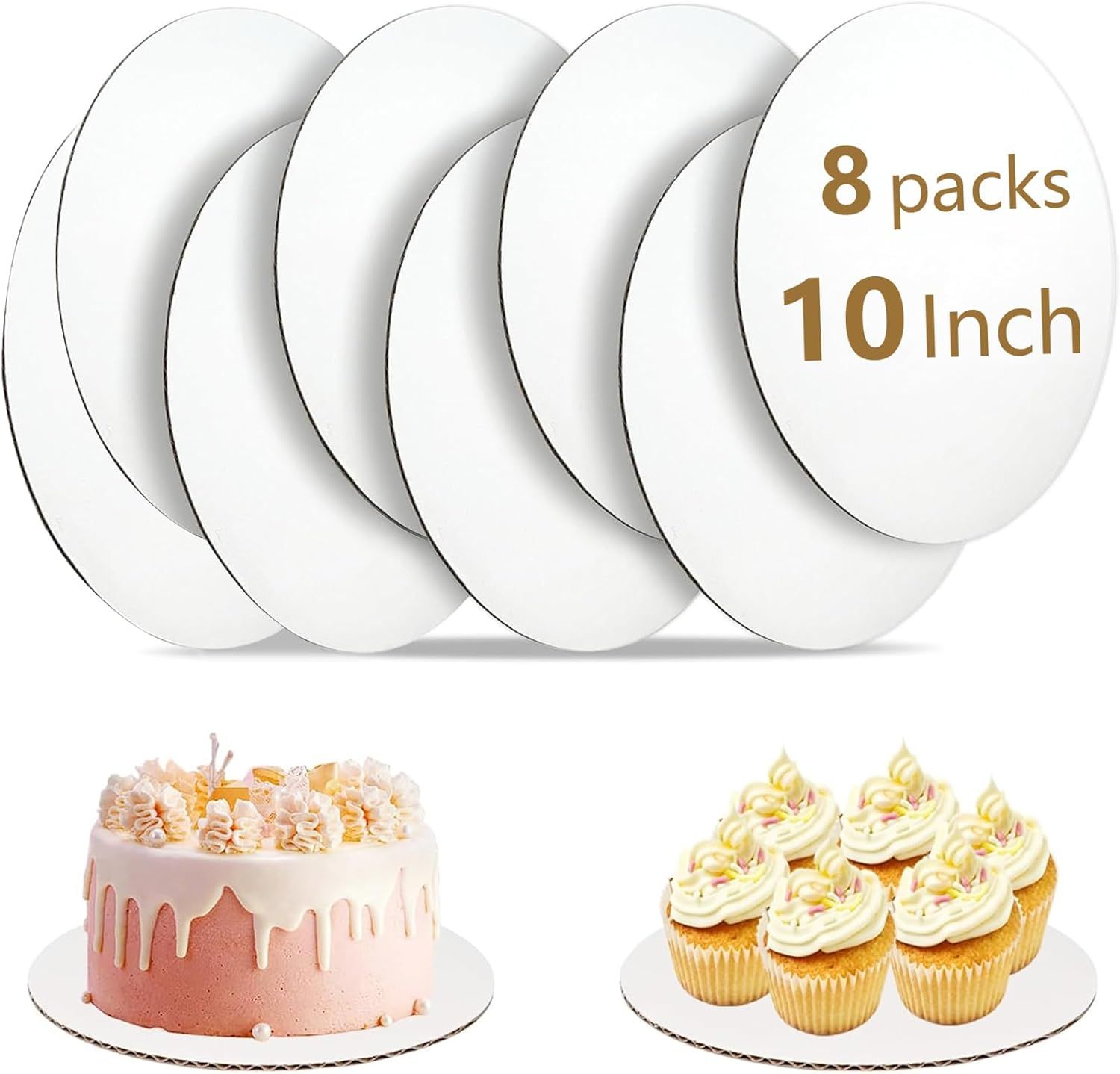 Shows the core product as a set of 8 white cake boards in 10-inch size, clearly displaying the quantity and dimensions to help shoppers understand what they are purchasing. Demonstrates how the cake…