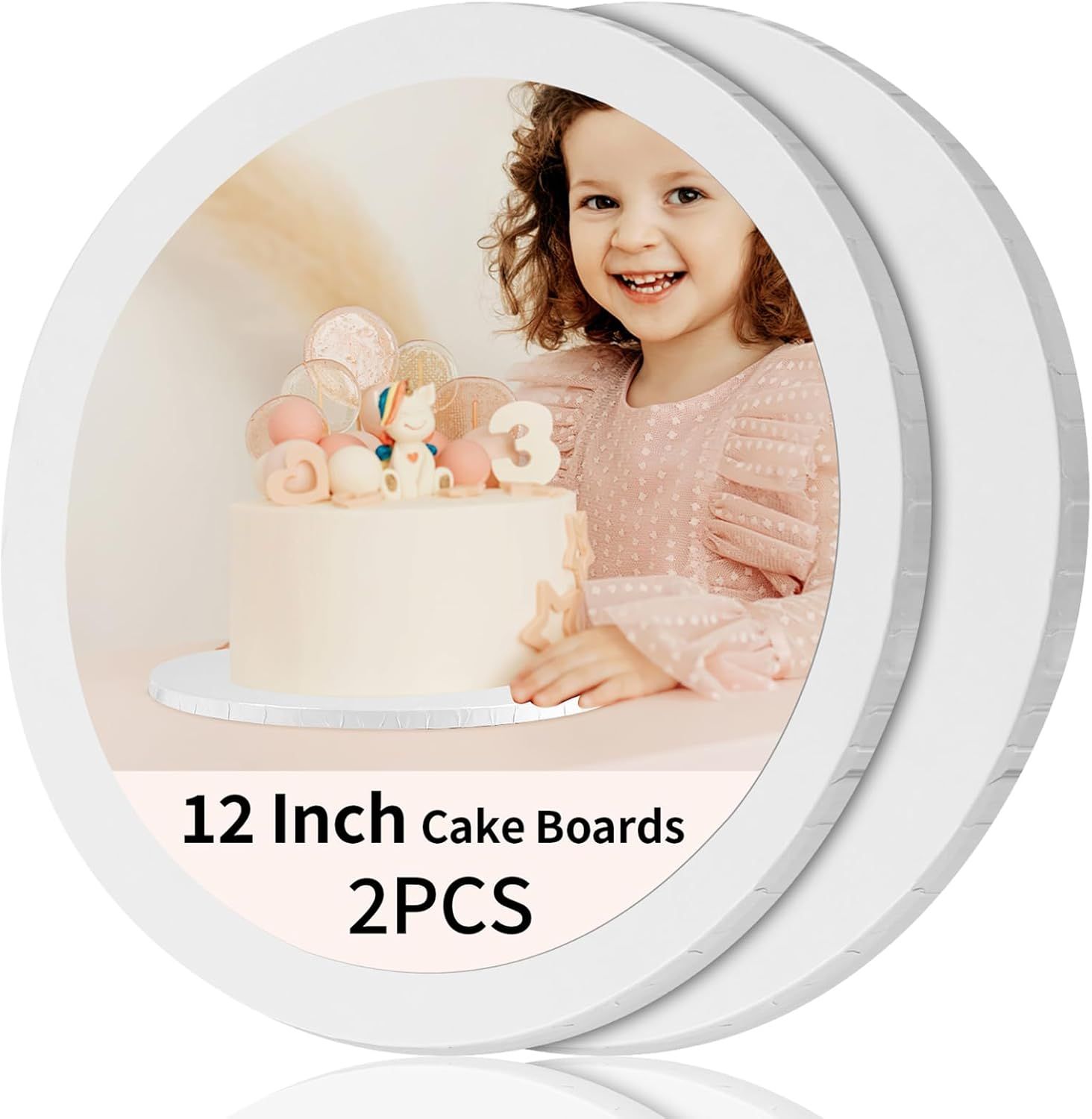 Shows the core product—two white round cake boards—clearly displayed to communicate size, shape, and quantity included in the purchase. Features a child with a birthday cake on the cake board to…