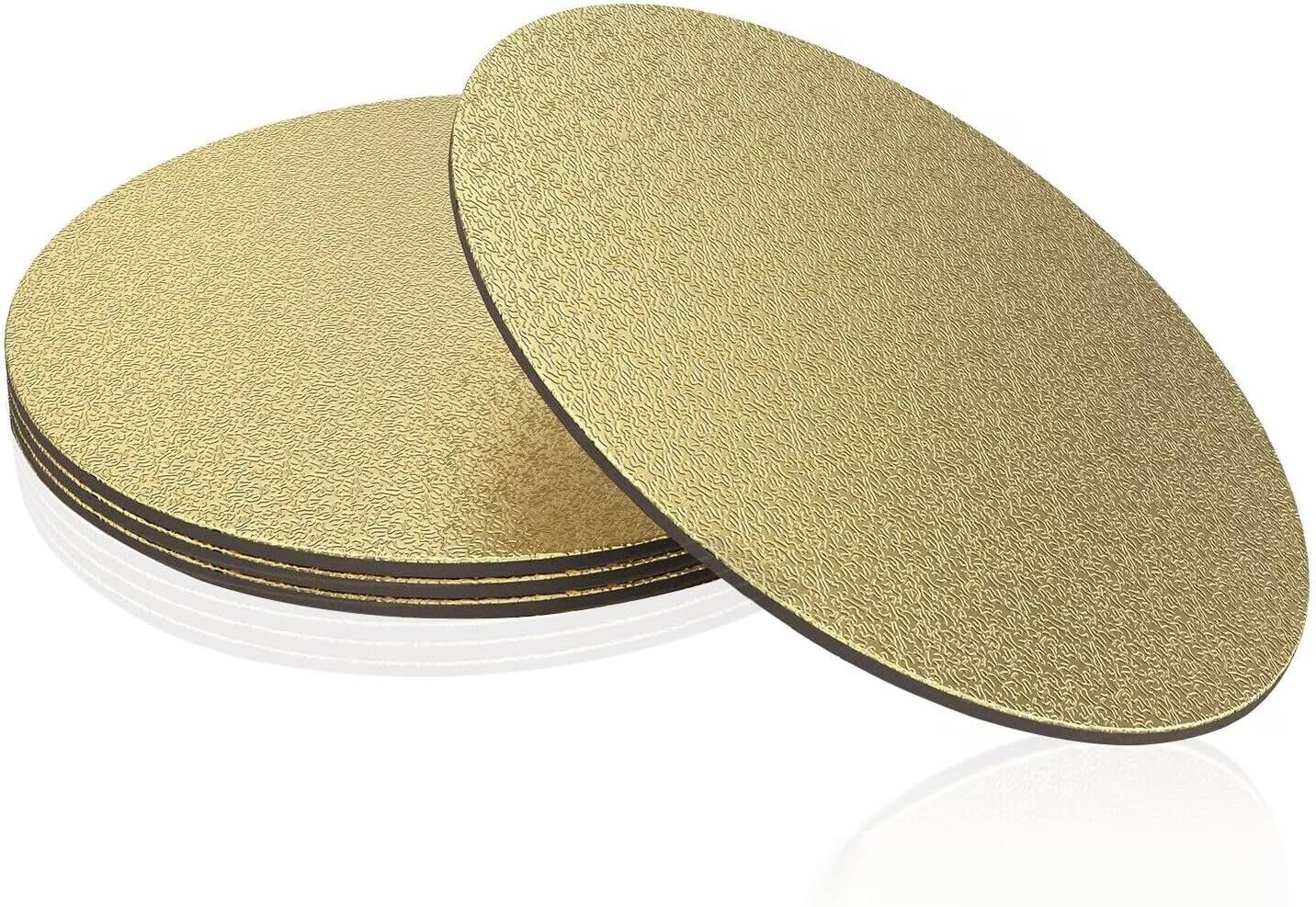 Shows the core product as a stack of gold cake boards to communicate the multi-pack quantity included in the purchase.