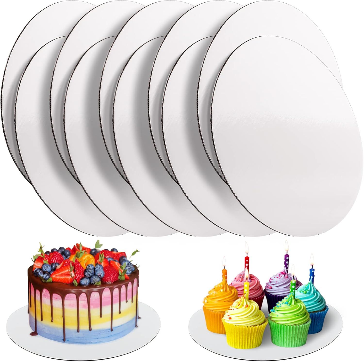 Shows the core product - a set of six white round cake boards - clearly displayed to communicate quantity and size, with lifestyle examples demonstrating their use for cakes and cupcakes.