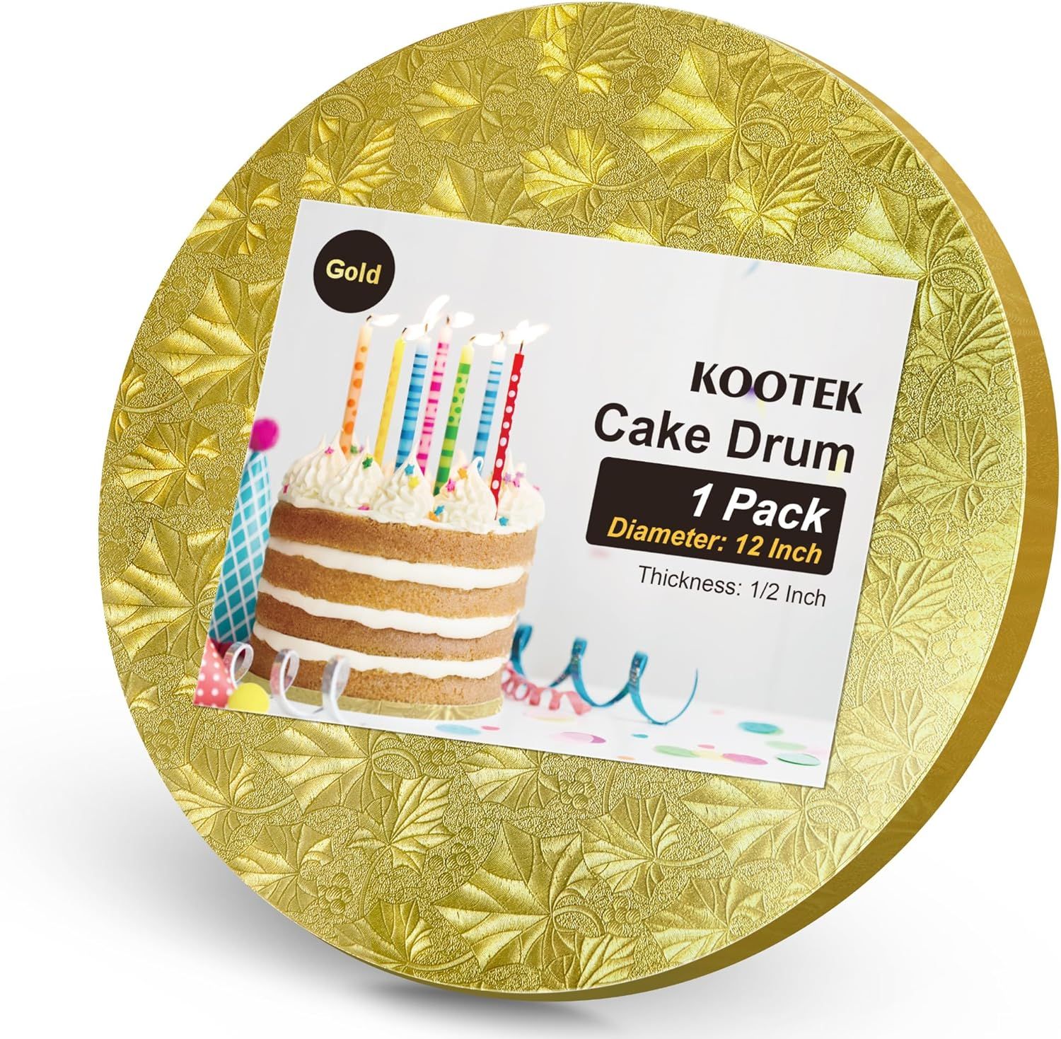 Shows the core product, a gold cake drum with decorative embossed pattern, clearly displaying its size, color, and premium textured finish to help shoppers understand what they are purchasing.…