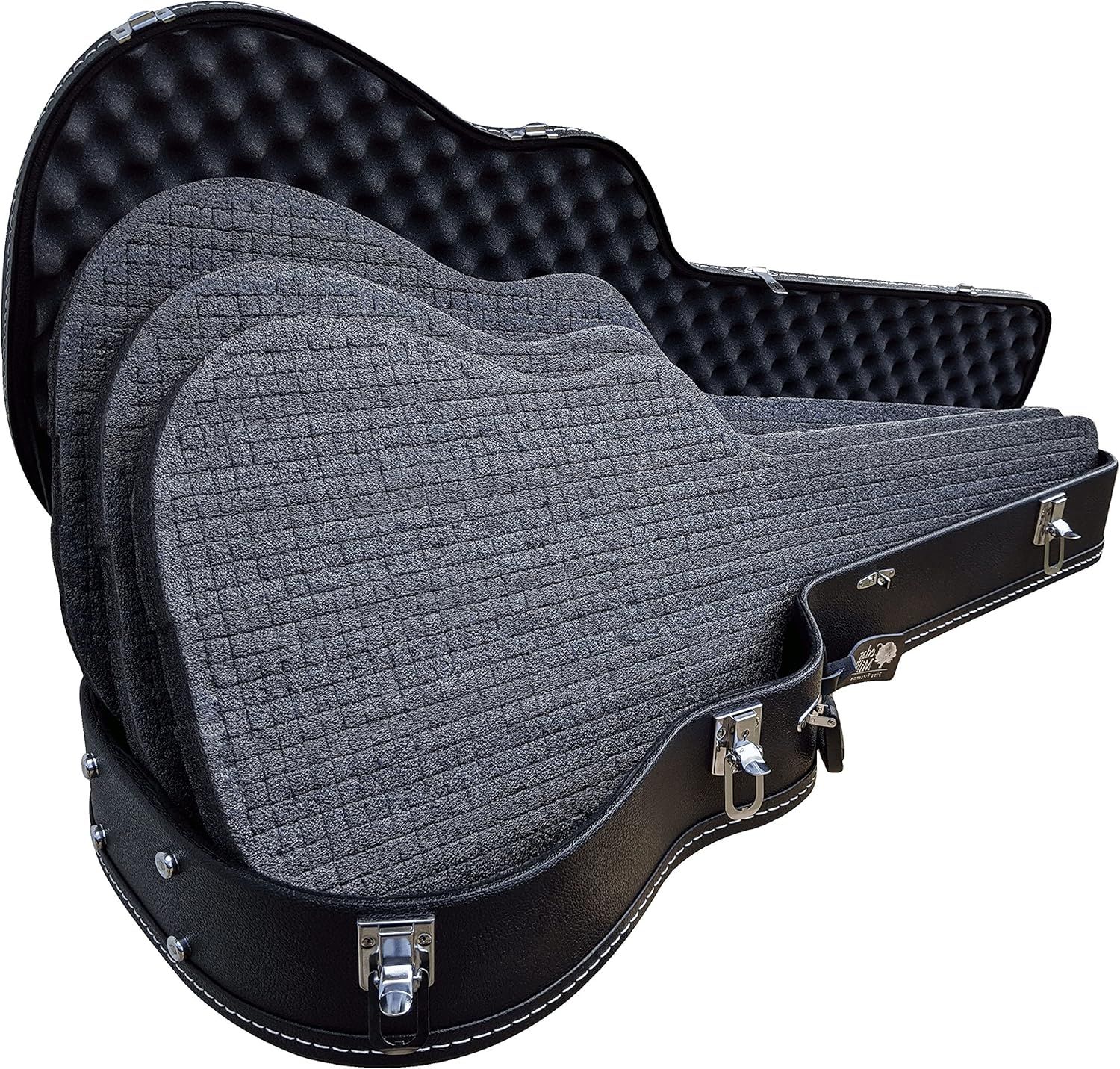 Shows the guitar case open to reveal its protective plush foam interior, reassuring buyers that their instrument will be safely cushioned and secured during transport or storage.