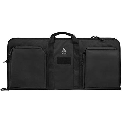 Displays the core product, a black tactical rifle case with multiple compartments and carrying handles, in a clean catalog-style presentation to show its design and features.