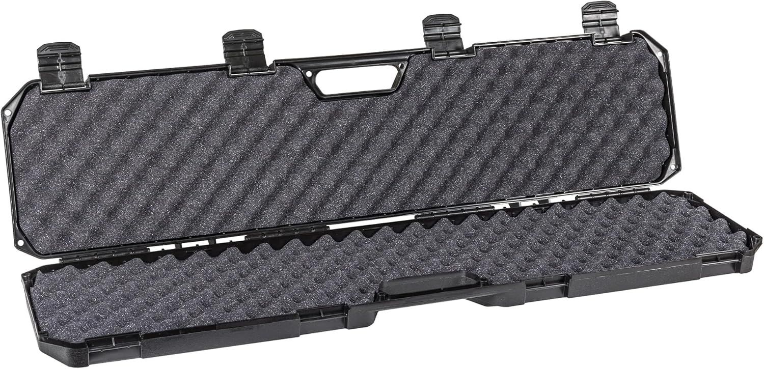 Shows the core product, a hard-shell protective case with custom foam padding, open to display its interior storage capacity and protective features for long items like firearms or equipment.…