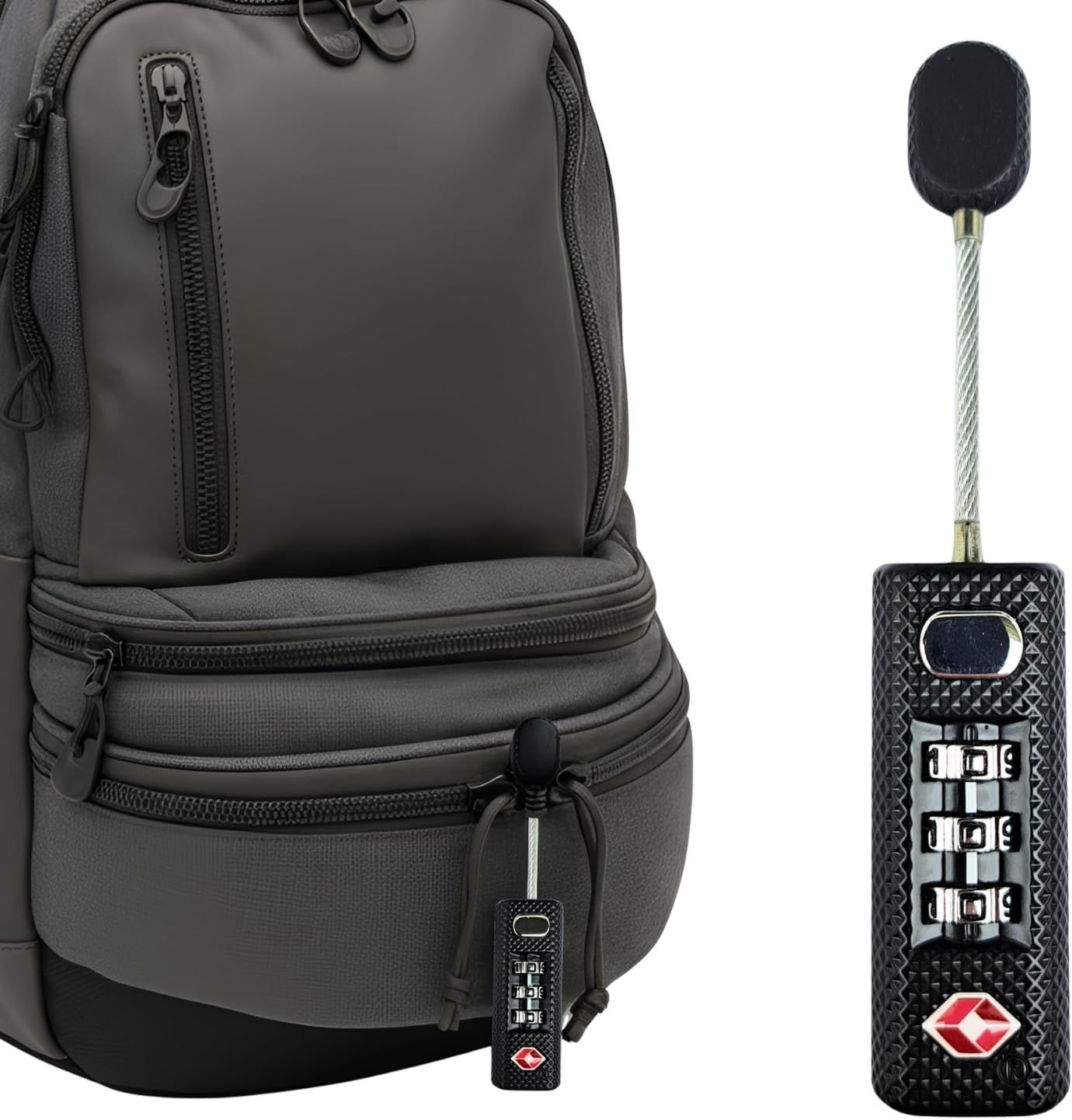 Shows the core product—a TSA-approved combination lock with cable—alongside a backpack to demonstrate its intended use for securing luggage and travel bags. Includes a backpack as a contextual…