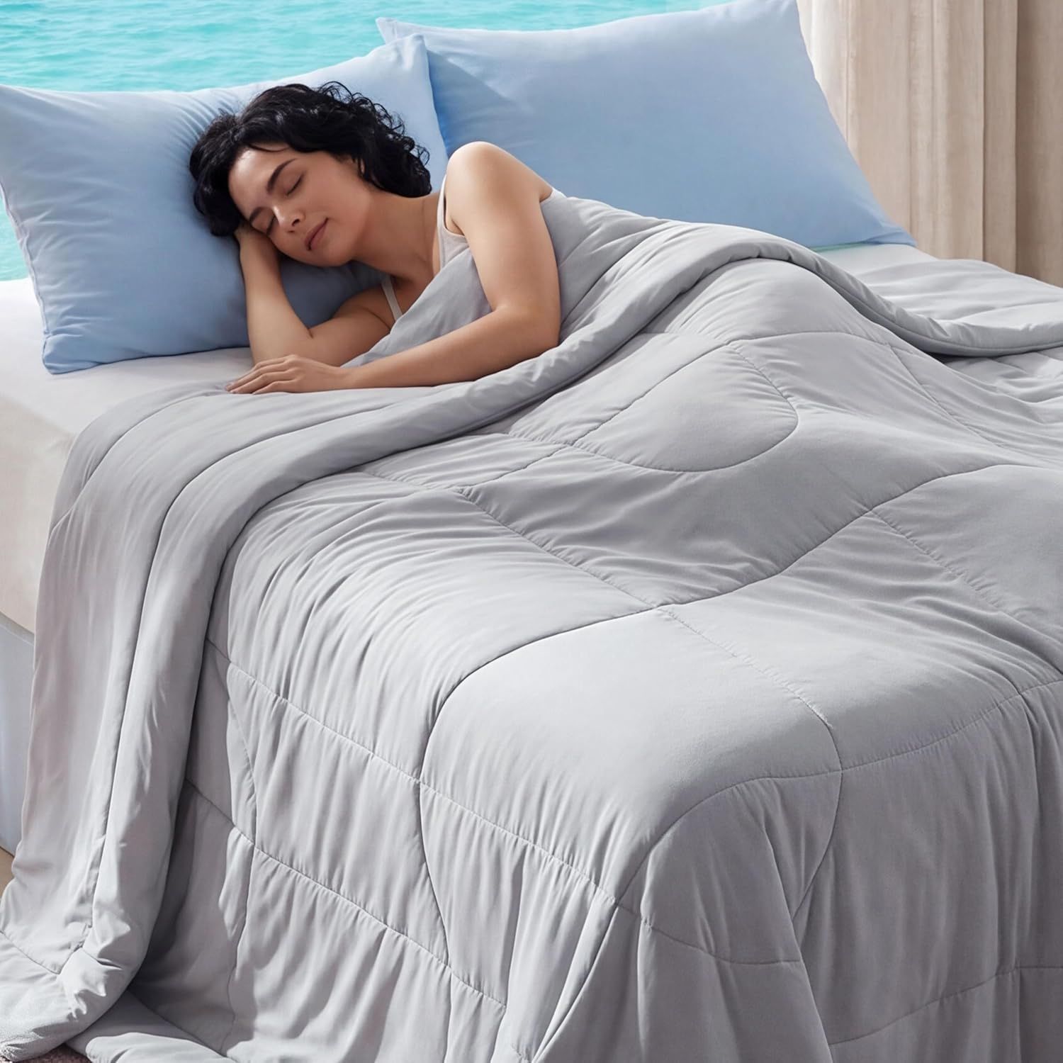 Shows a person peacefully sleeping under the comforter to demonstrate comfort, softness, and the restful sleep experience the product provides. Displays the bedding product in a realistic bedroom…