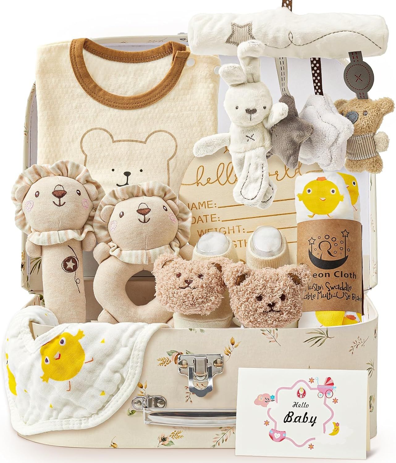 Displays a comprehensive baby gift basket containing multiple items including clothing, toys, and accessories to show shoppers the full value and variety of what they will receive in this curated…