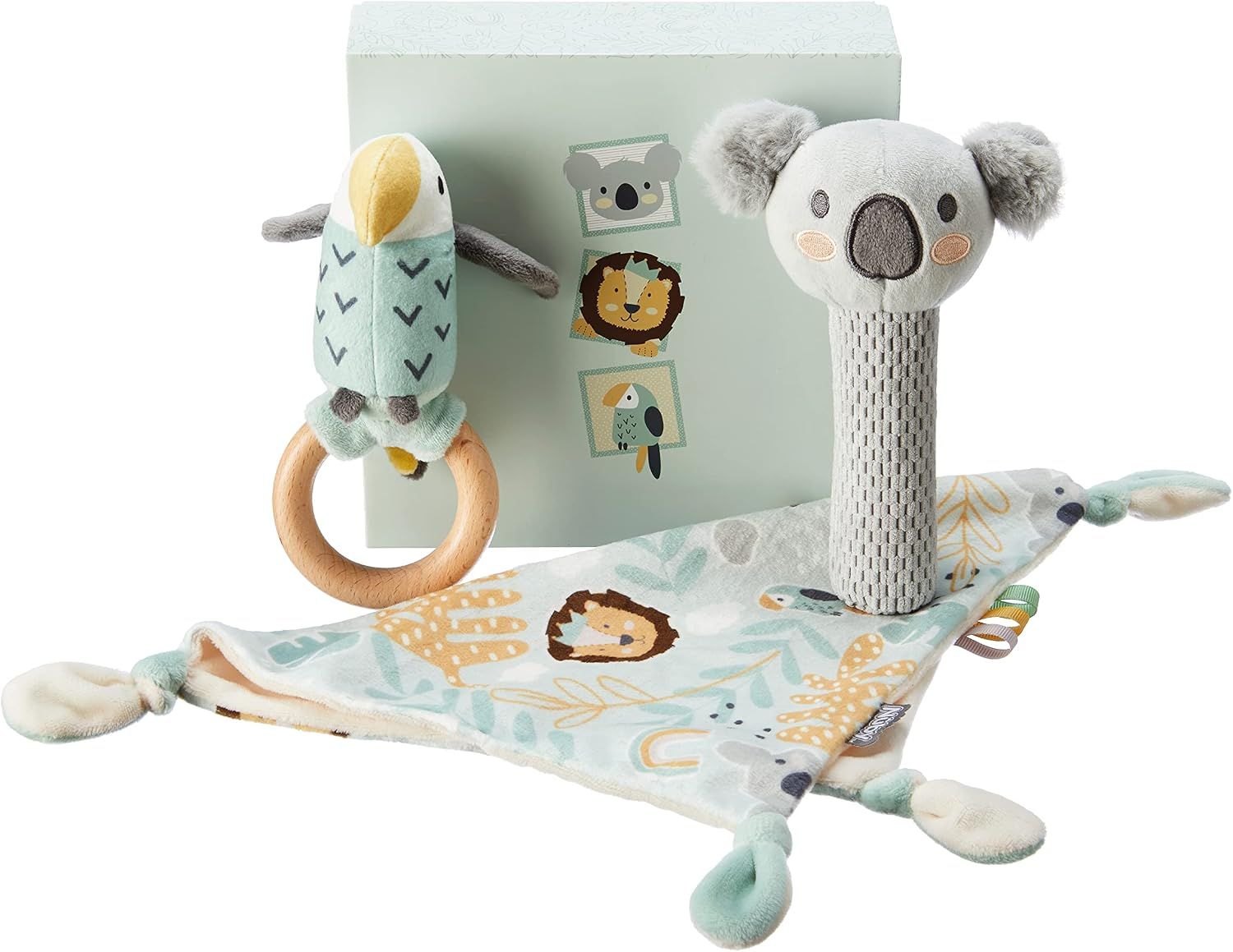 Displays the complete baby toy set including multiple items to show shoppers exactly what is included in the purchase. Shows the attractive retail gift box packaging to communicate that this is a…