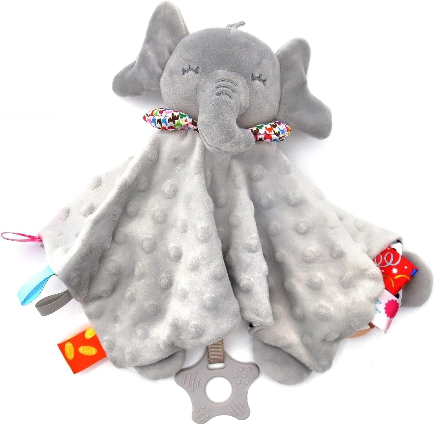 Displays the core product, a plush elephant security blanket with textured fabric and colorful ears, to show parents what they are purchasing for their baby or toddler. Shows the included teether…