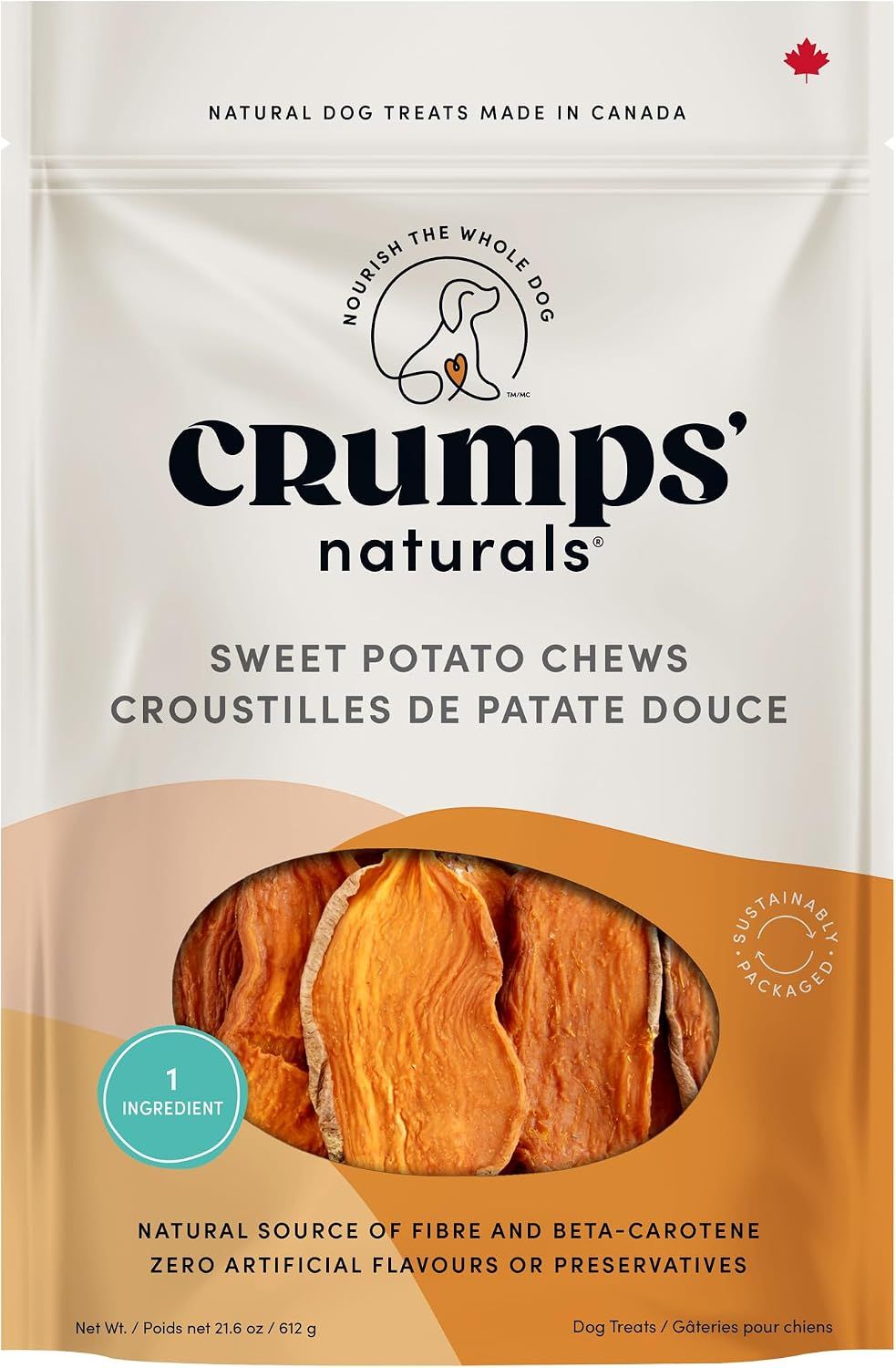 Displays the core product—natural sweet potato dog chews—clearly visible through the package window to show shoppers exactly what they are purchasing. Shows the retail packaging with branding,…