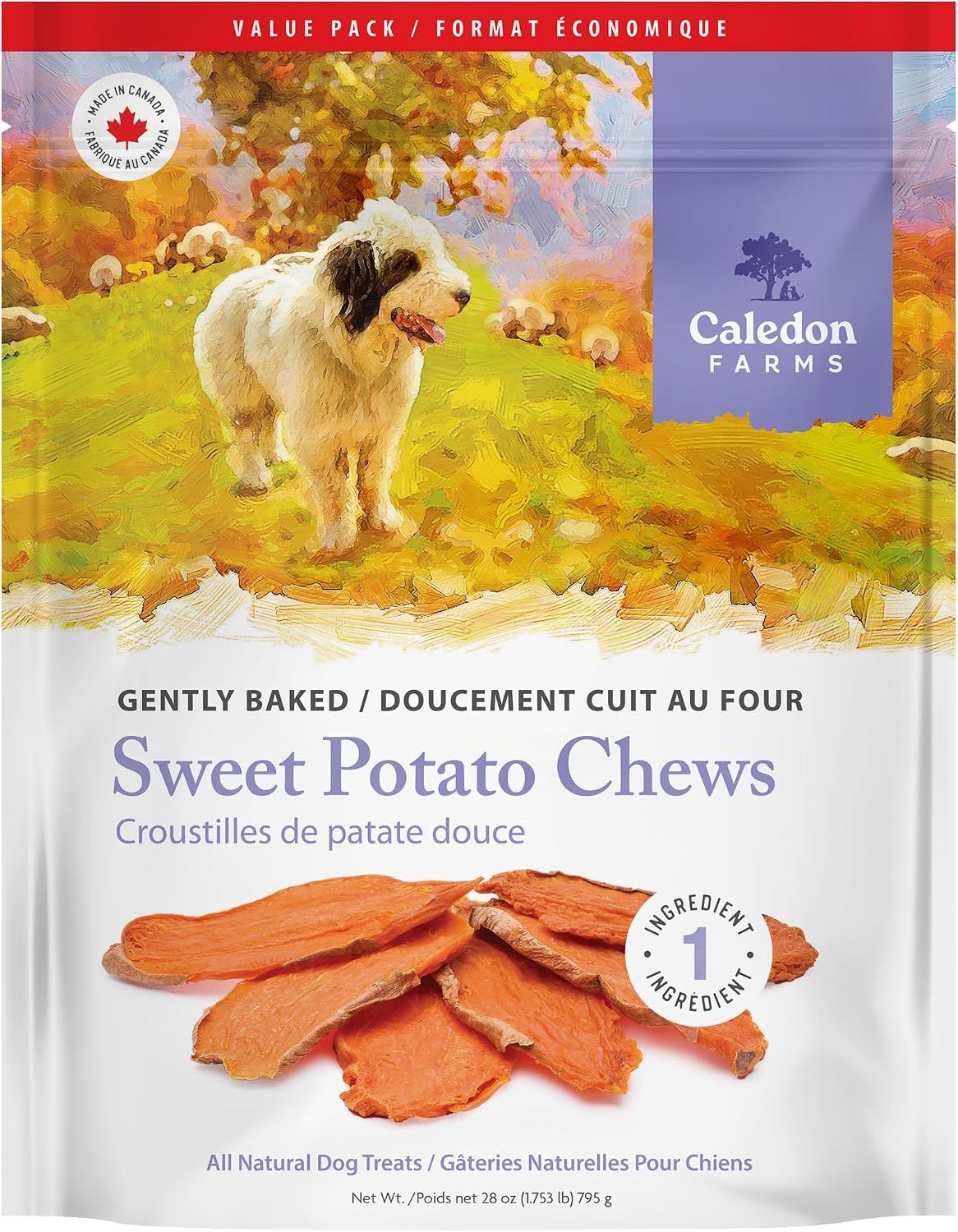 Displays the core product—sweet potato dog chews—prominently to show shoppers exactly what they are buying, emphasizing the natural, simple ingredient and gentle baking process. Shows the retail…