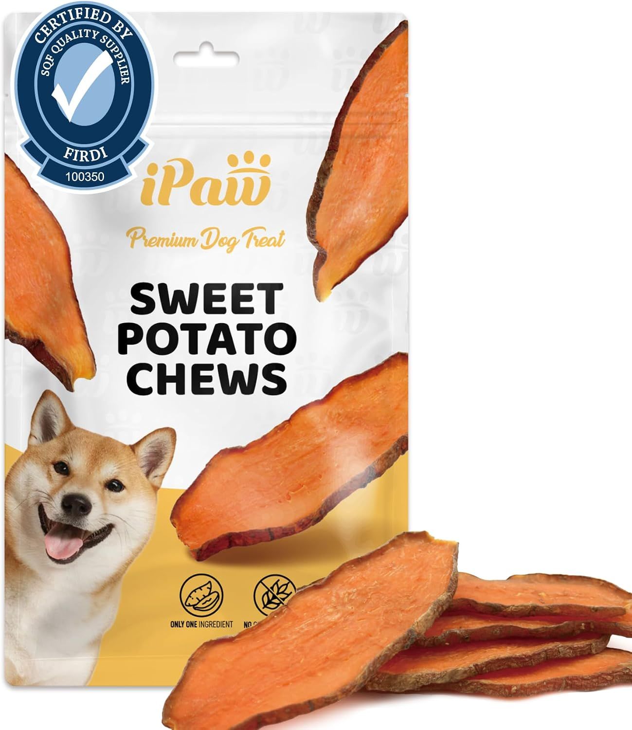 Shows the core product—sweet potato chews for dogs—both in packaging and displayed outside the package to communicate what the buyer receives and the natural, simple ingredient composition. Displays…