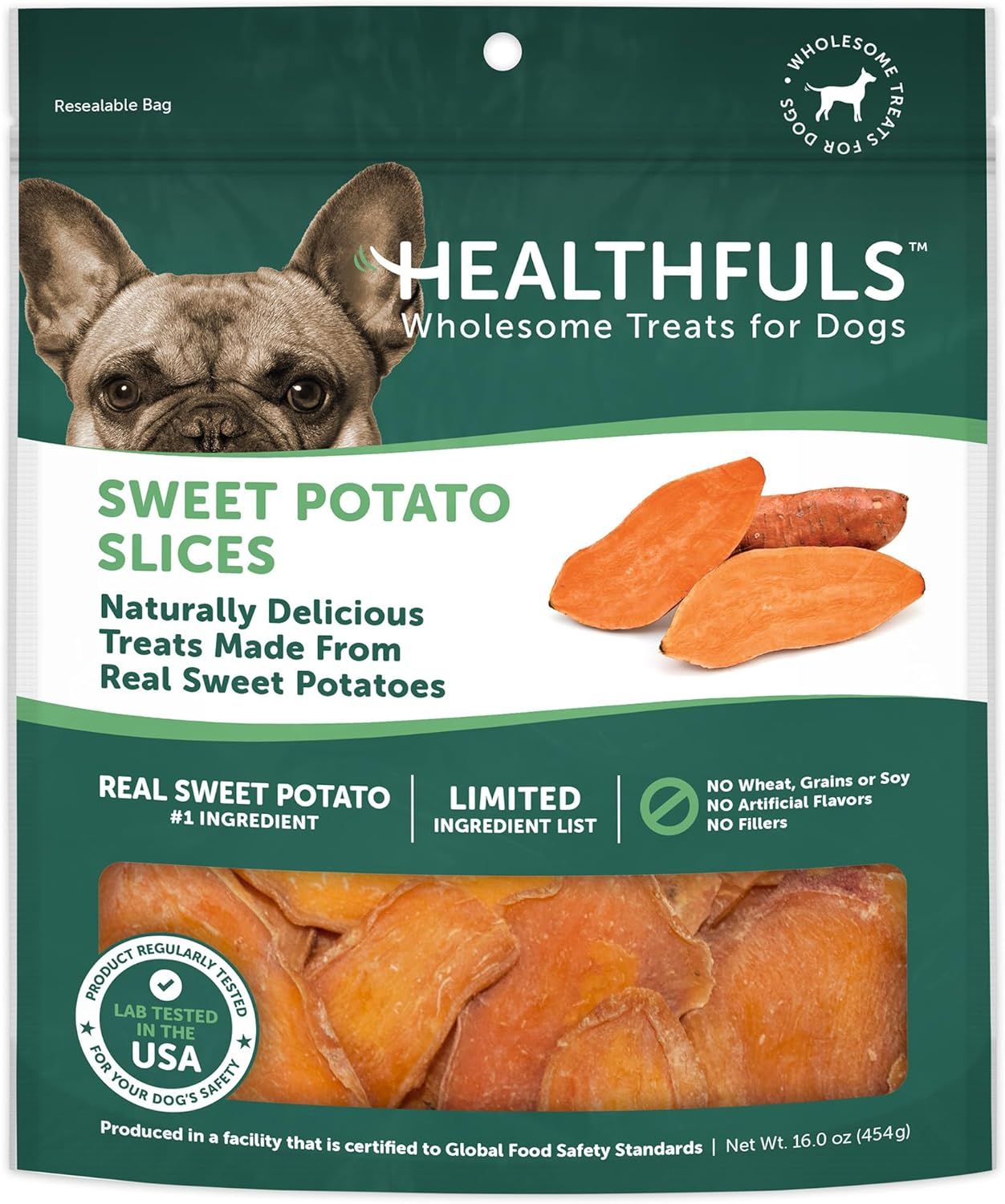 Shows the retail packaging with a clear window displaying the actual sweet potato slices inside, reassuring shoppers of product quality and freshness while communicating key benefits like limited…