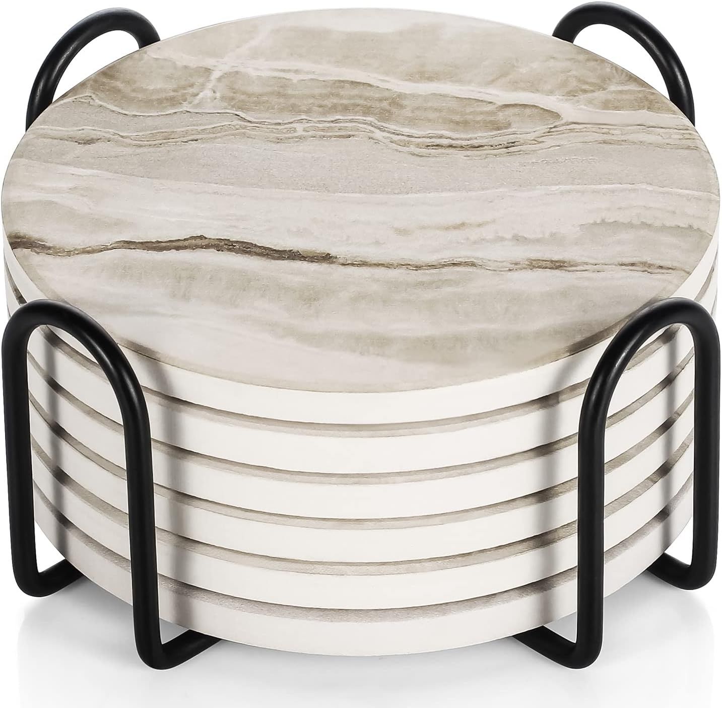 Displays the complete coaster set with its black metal holder to show the product's elegant design and organization solution for protecting surfaces.