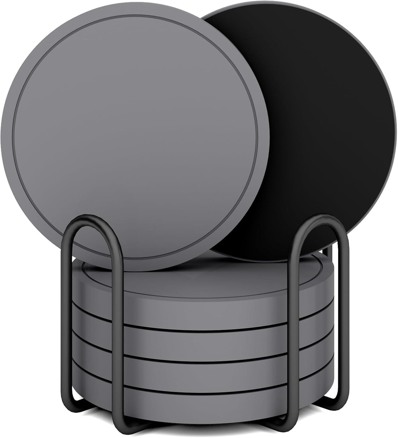 Displays the complete coaster set with its storage holder to show shoppers what is included and how the product looks when organized. Shows the two available color variants (gray and black) to help…