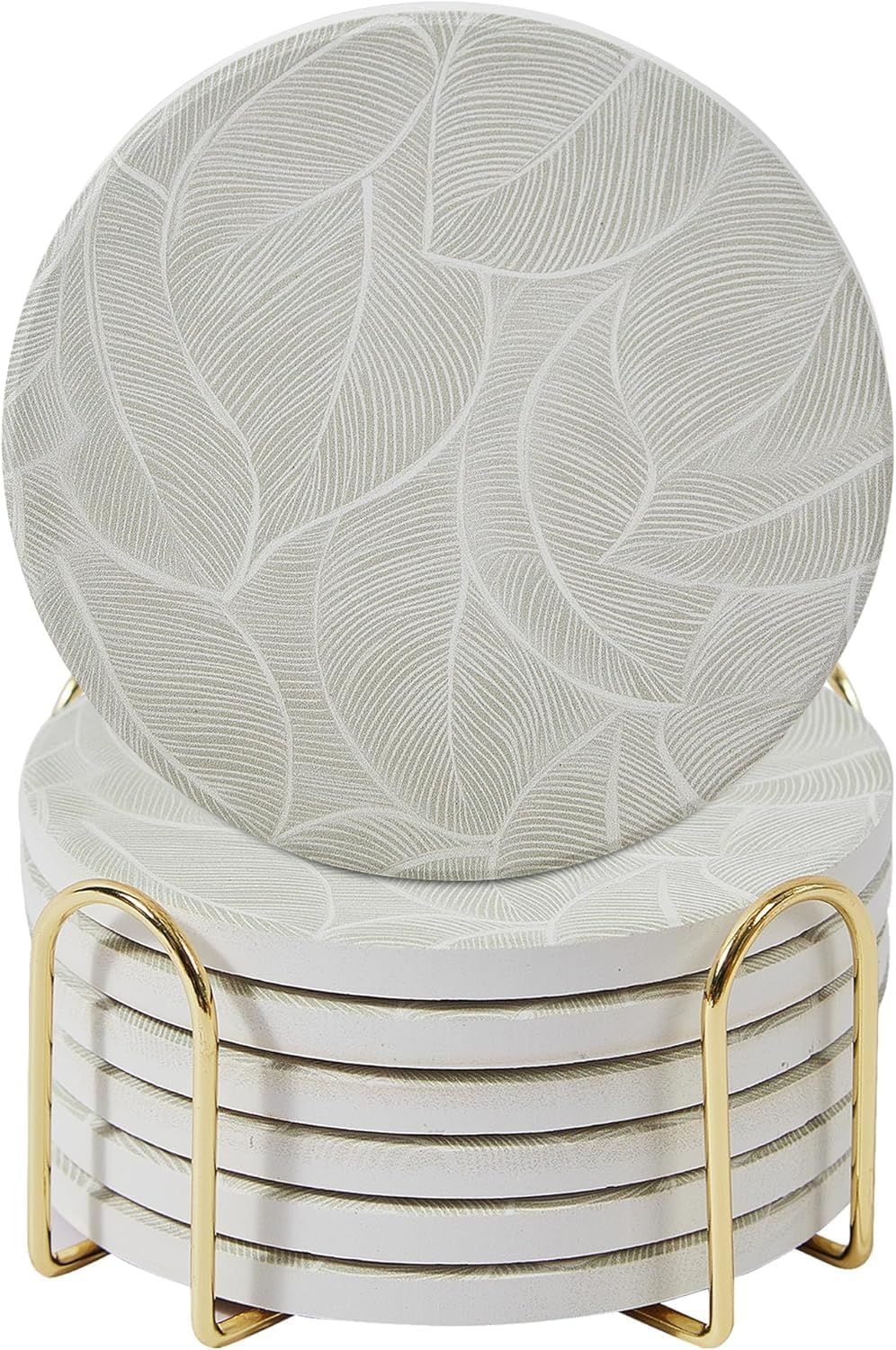 Displays the complete coaster set with its gold holder to show the shopper what they will receive, emphasizing the elegant leaf pattern design and organized storage solution.