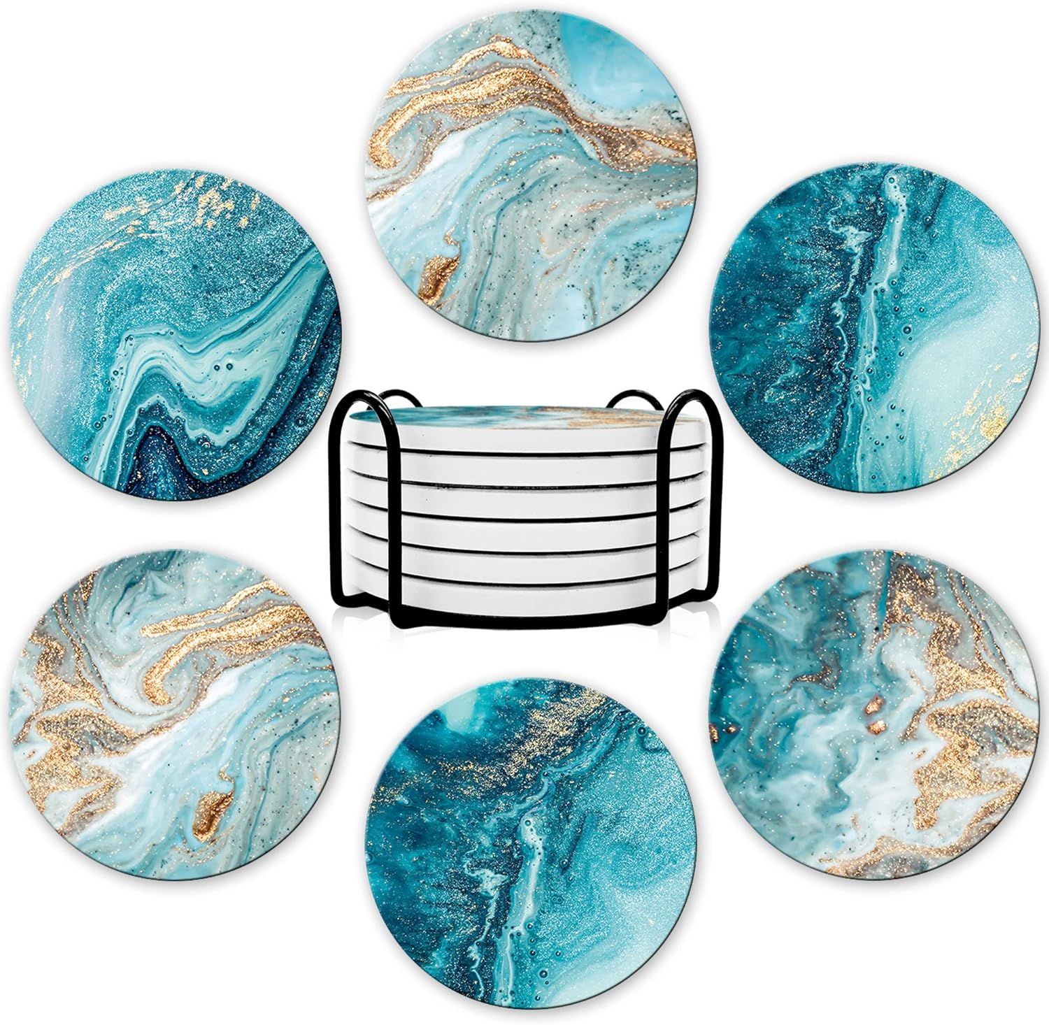 Shows the complete coaster set with all six coasters and the included holder, allowing shoppers to see the variety of designs and what they will receive in the purchase. Demonstrates that the…