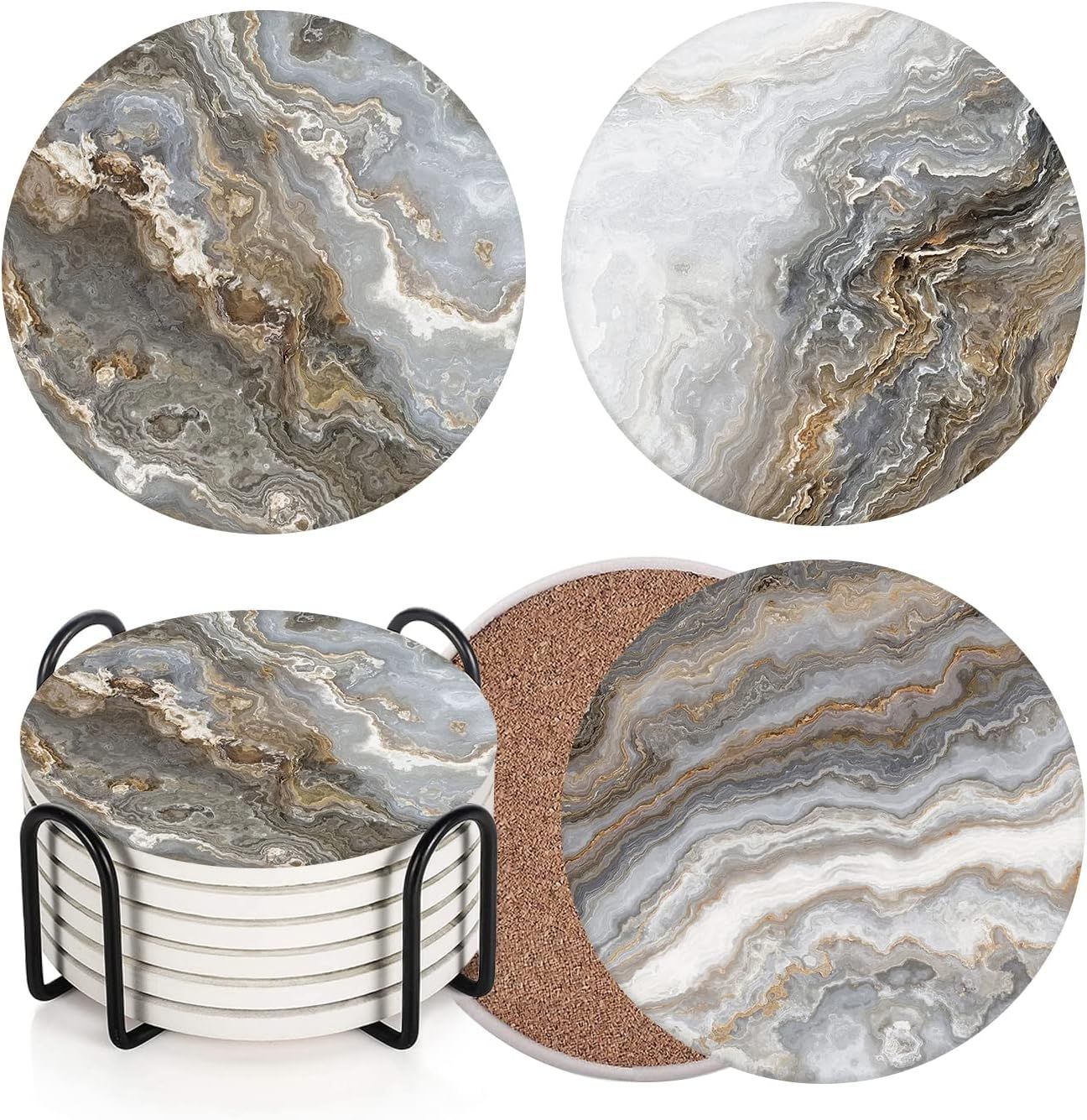 Displays the complete coaster set with its storage holder to show the shopper what is included in the purchase and the elegant marble-pattern design. Shows that the purchase includes both the…
