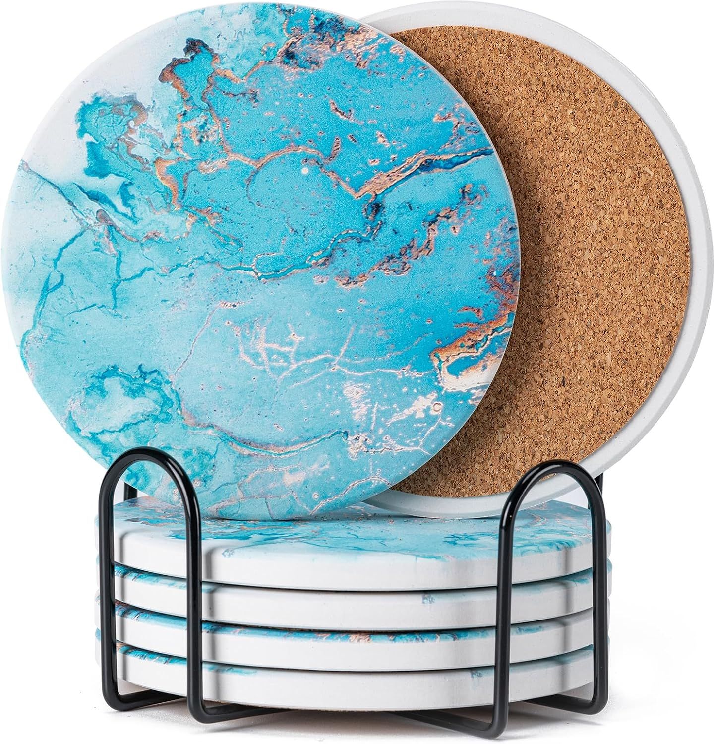 Displays the complete coaster set with its storage holder, showing the decorative marble pattern design and cork backing to communicate both aesthetic appeal and functional organization. Uses a…