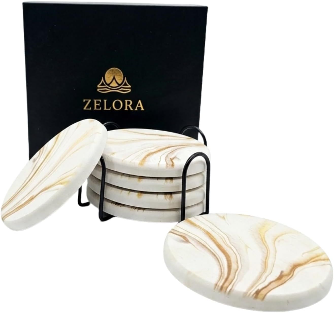 Displays the core product—a set of elegant marble coasters with gold veining and a black metal holder—to show shoppers exactly what they will receive. Shows the branded ZELORA gift box packaging to…