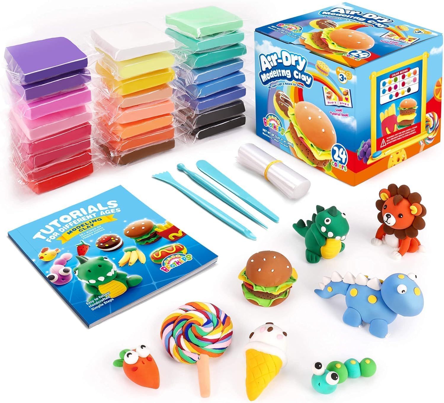 Shows the complete air-dry modeling clay kit with all included components—24 color blocks, sculpting tools, tutorial book, and example creations—to communicate the full value and creative…