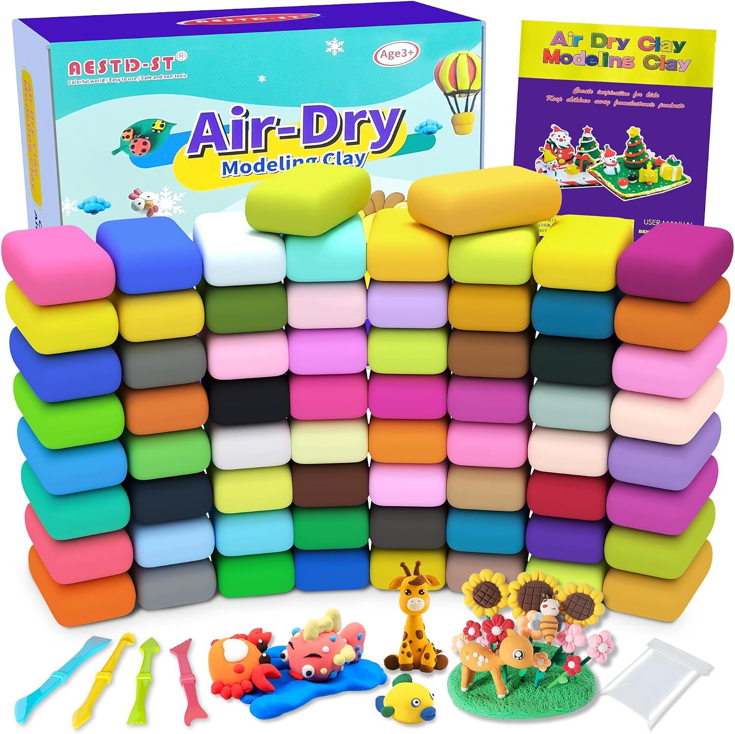 Showcases the extensive color variety and quantity of modeling clay blocks included in the set, demonstrating the creative possibilities and value to parents and children. Displays the retail…