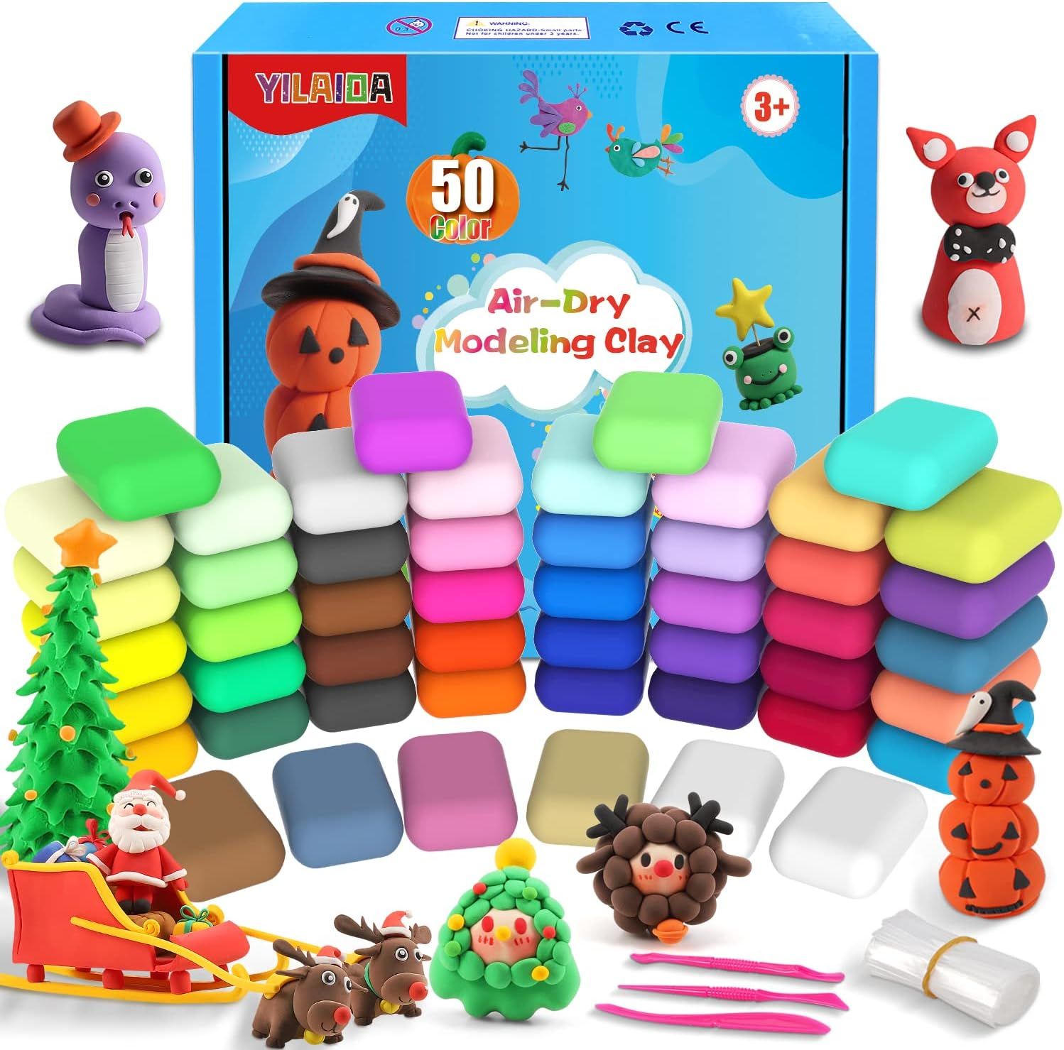 Shows the complete modeling clay set with all 50 colors and example creations to demonstrate the variety and creative possibilities of the product. Displays the retail packaging prominently to help…