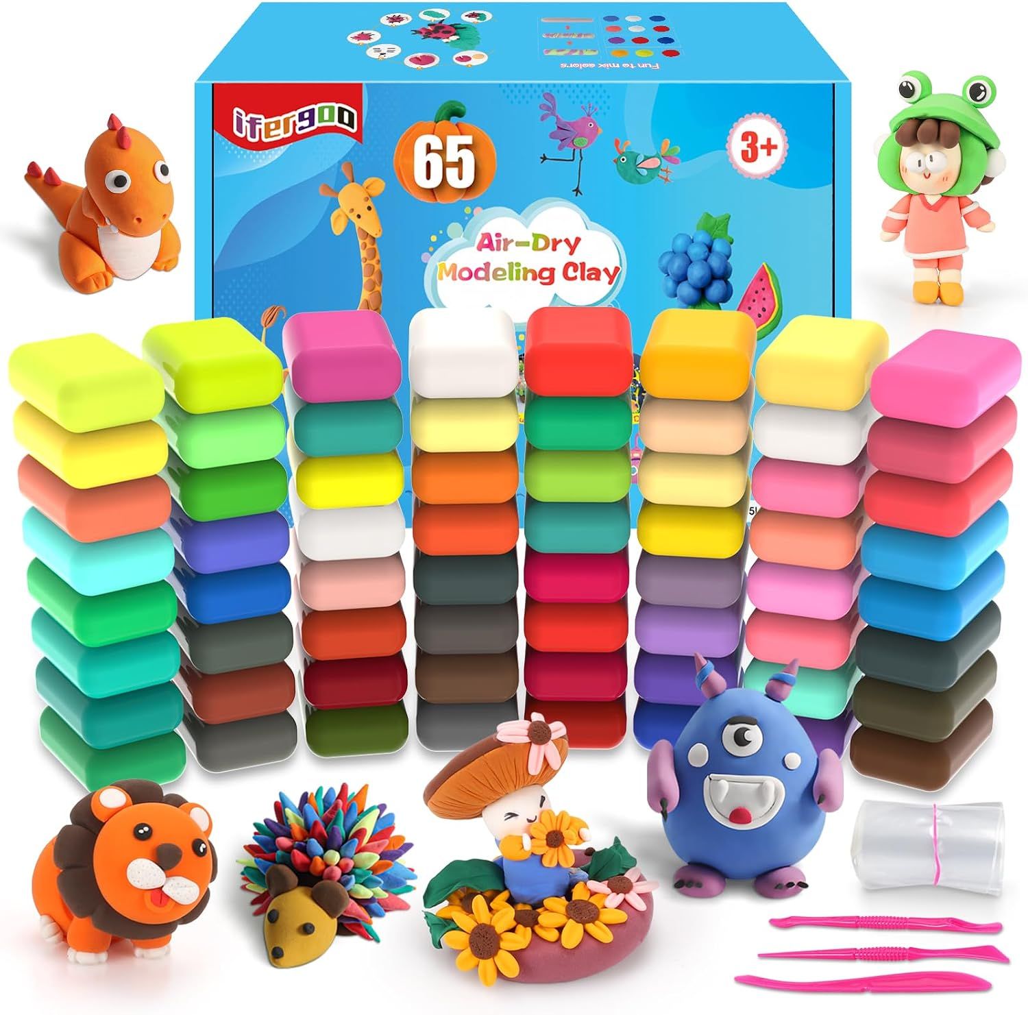 Shows the complete modeling clay set with all 65 pieces including colorful clay blocks and sculpting tools, demonstrating the variety and quantity included in the purchase. Displays the branded…