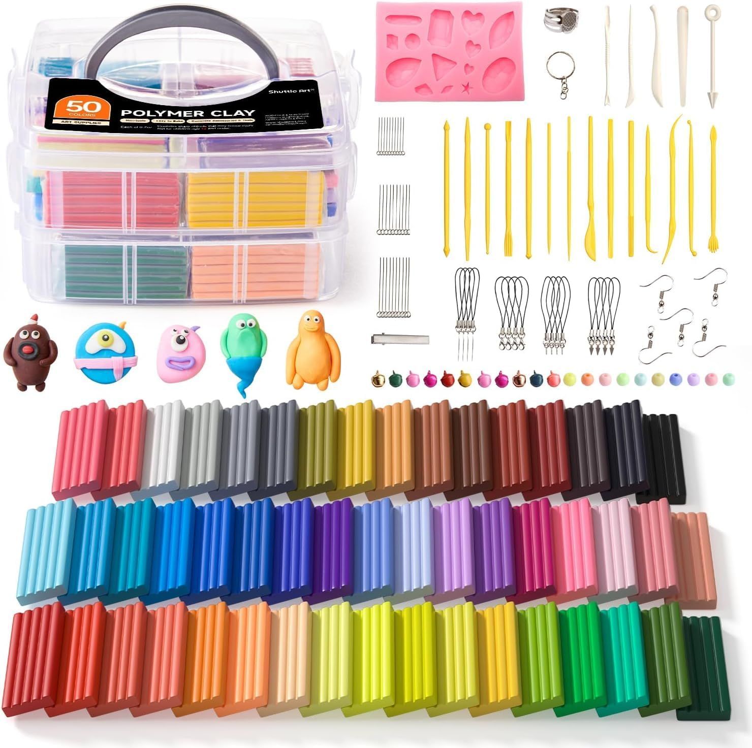 Displays the complete polymer clay crafting kit with all included colors, tools, molds, and accessories to show shoppers the comprehensive value and variety of the set. Showcases all the included…