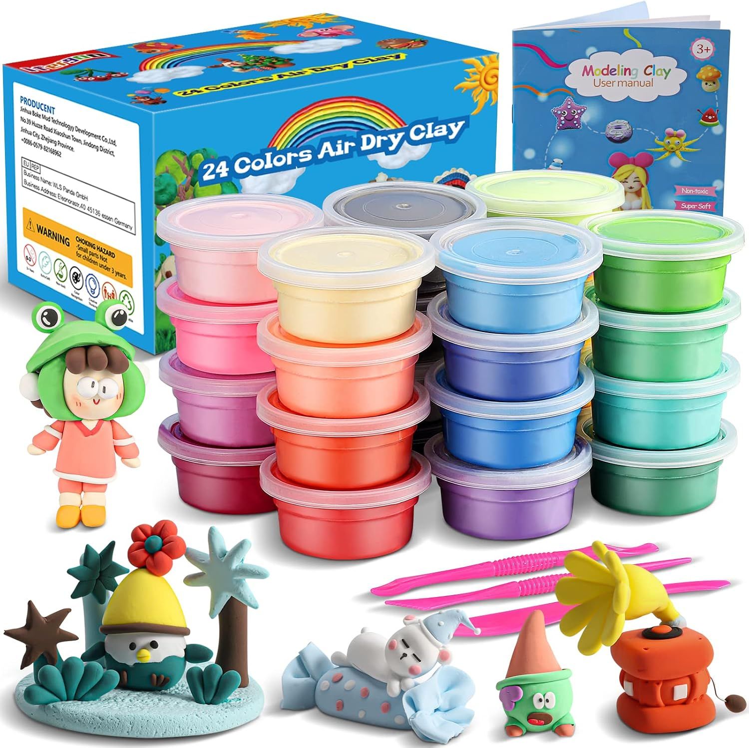 Displays the complete 24-color air dry clay set with all included containers, showing the variety of colors available to reassure shoppers of the product's value and creative possibilities. Shows…