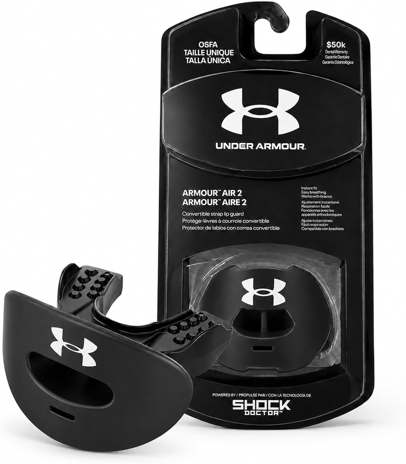 Shows the Under Armour Armour Air 2 lip guard product clearly displayed both in and out of its retail packaging, allowing shoppers to see the actual product design and branding. Displays the…