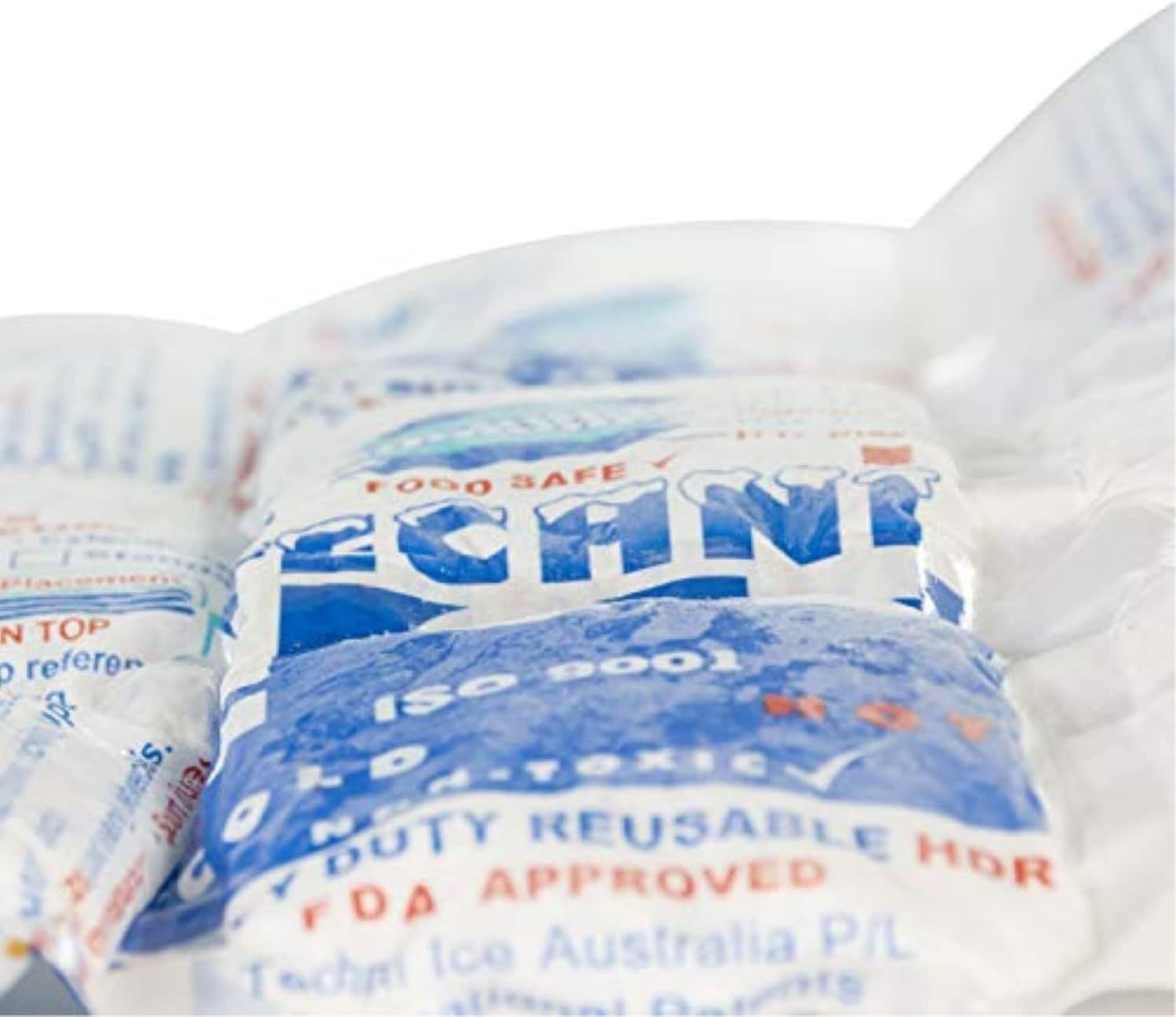 Displays the core product ice packs with clear branding and food safety messaging to communicate the product's primary use for keeping items cold and its safety for food contact. Shows the actual…