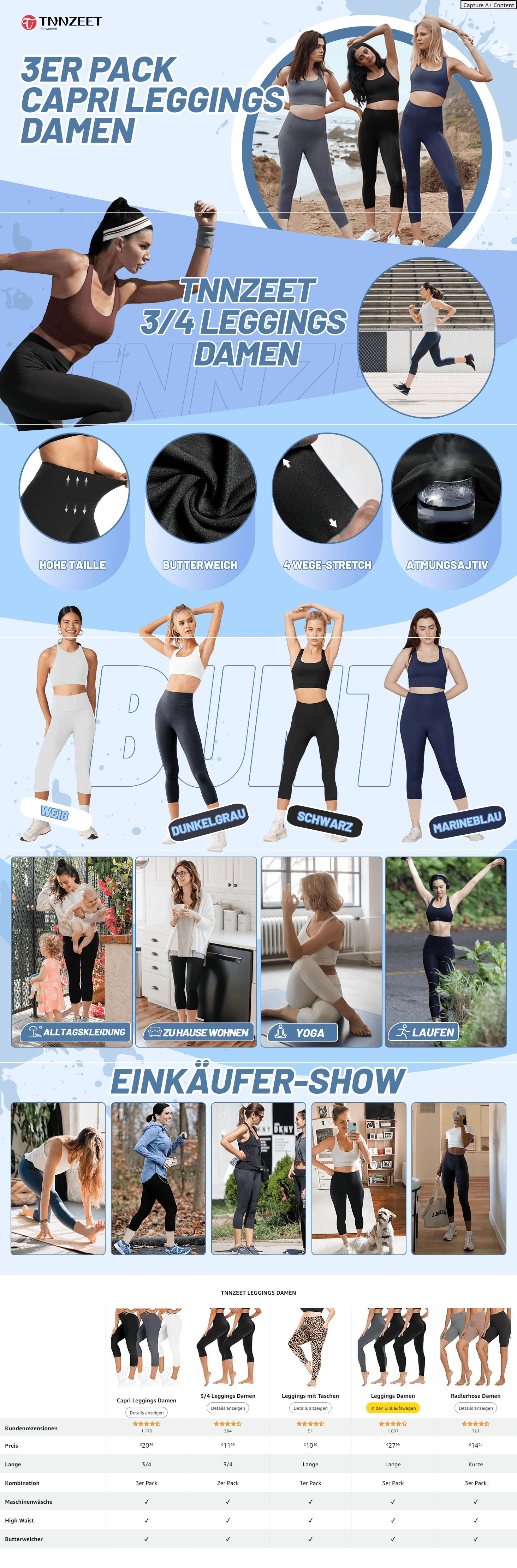 TNNZEET 3er Pack Capri Leggings Damen 3/4 für Sport: A+ Premium